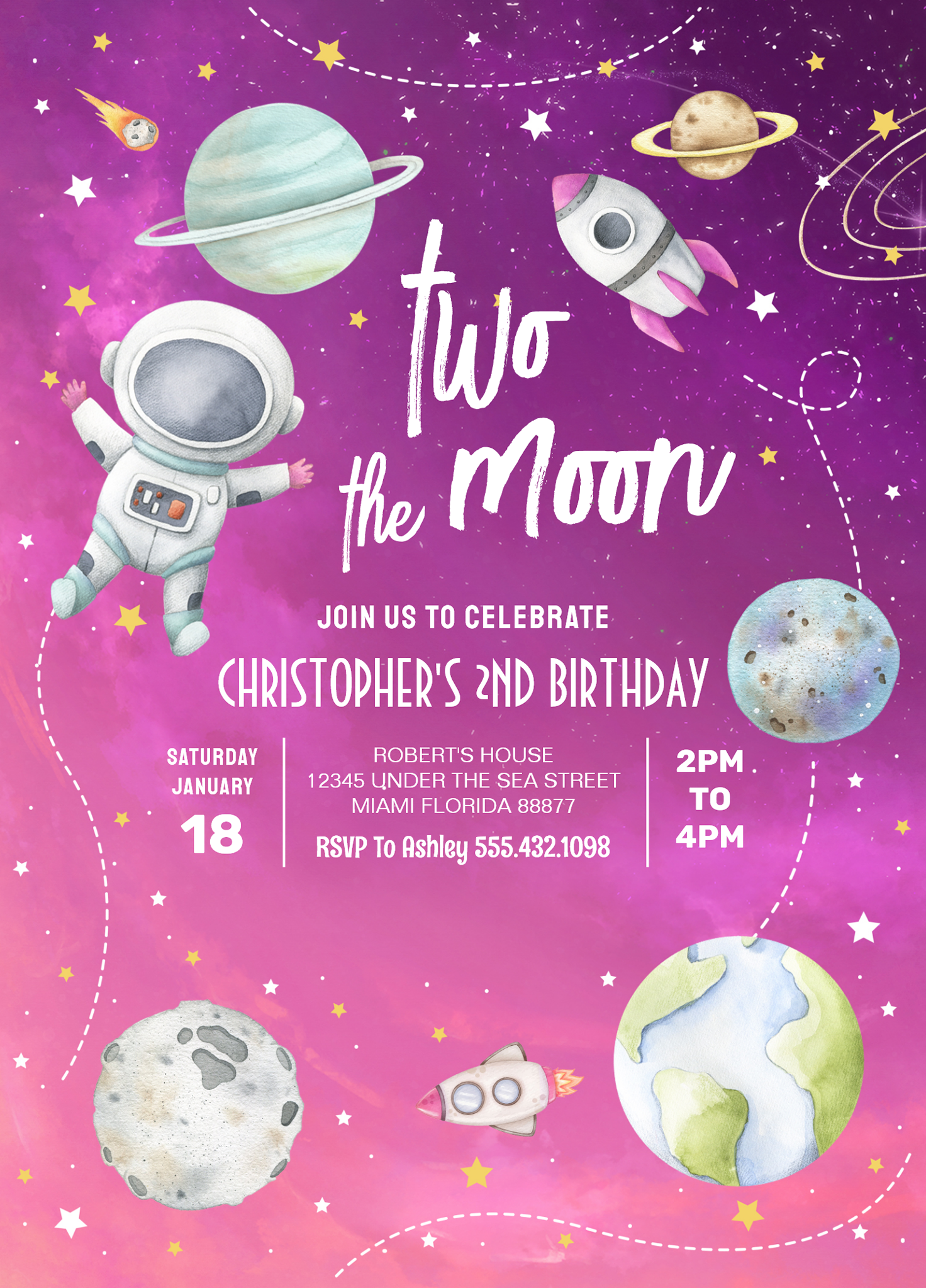 Two The Moon Outer Space Galaxy 2nd Birthday Invitation