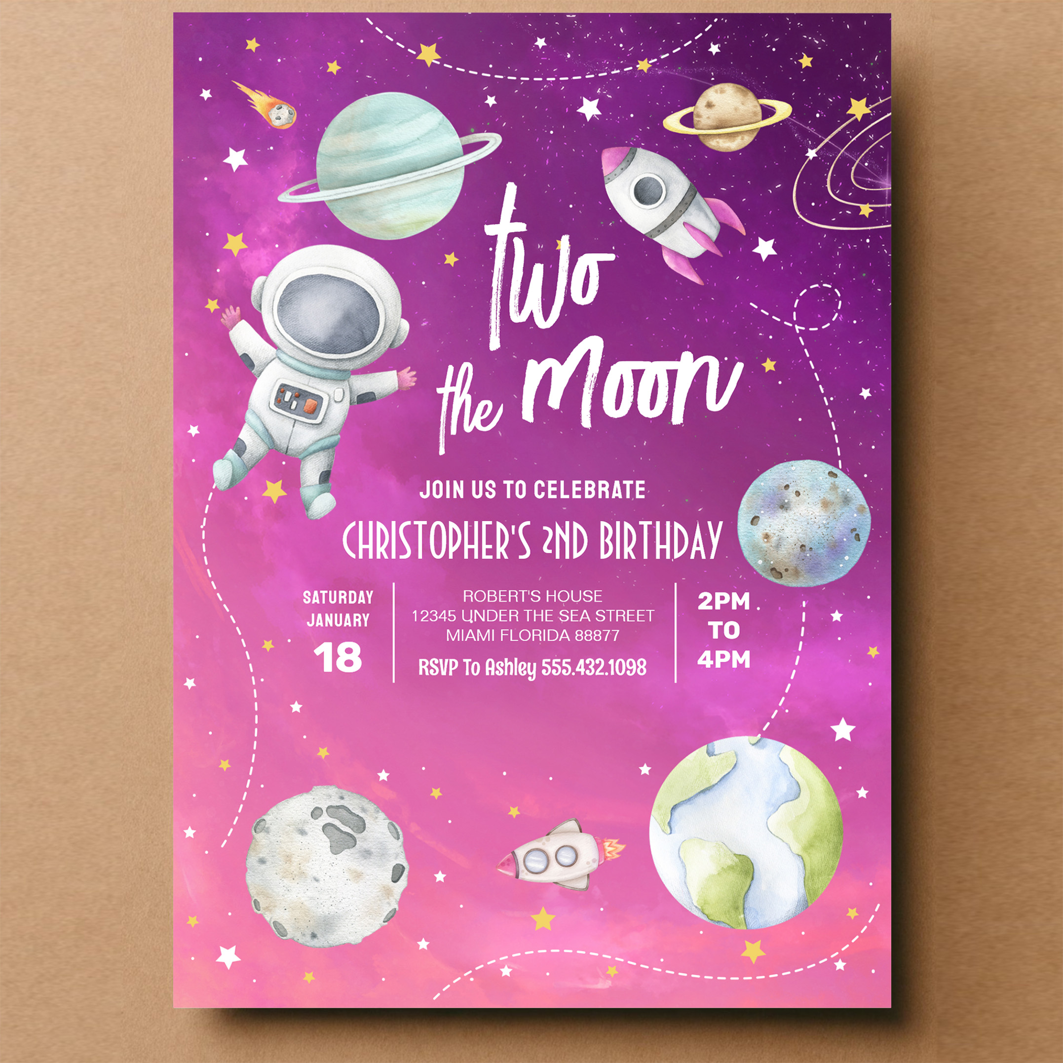 Two The Moon Outer Space Galaxy 2nd Birthday Invitation - Image 14