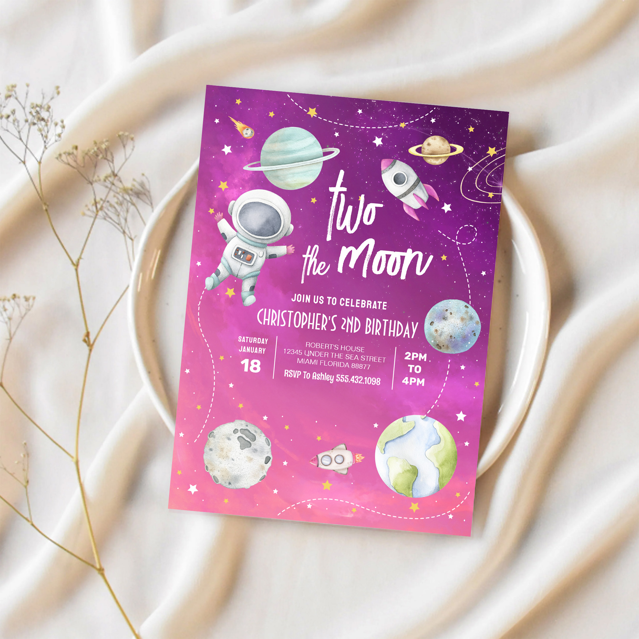 Two The Moon Outer Space Galaxy 2nd Birthday Invitation - Image 2