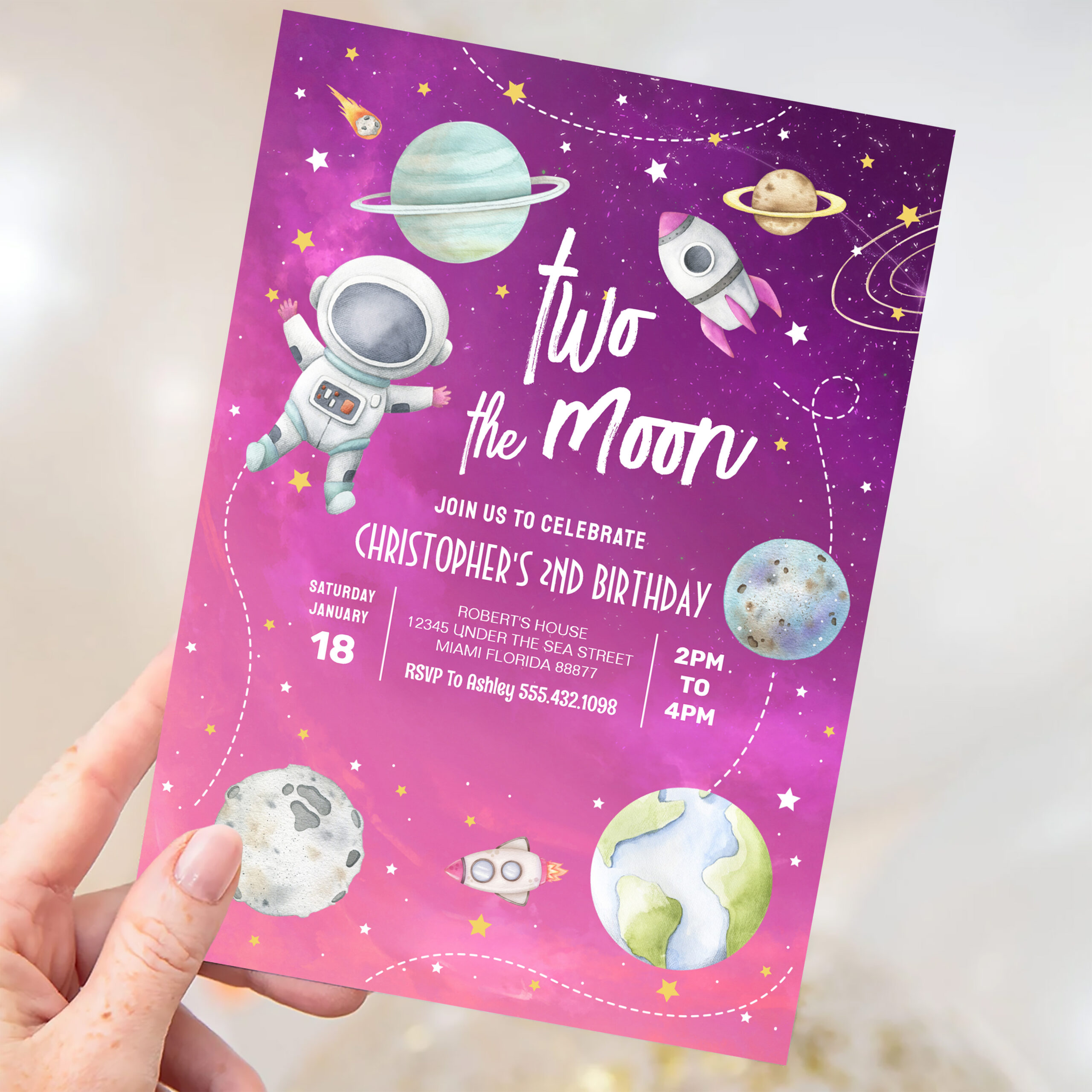 Two The Moon Outer Space Galaxy 2nd Birthday Invitation - Image 3