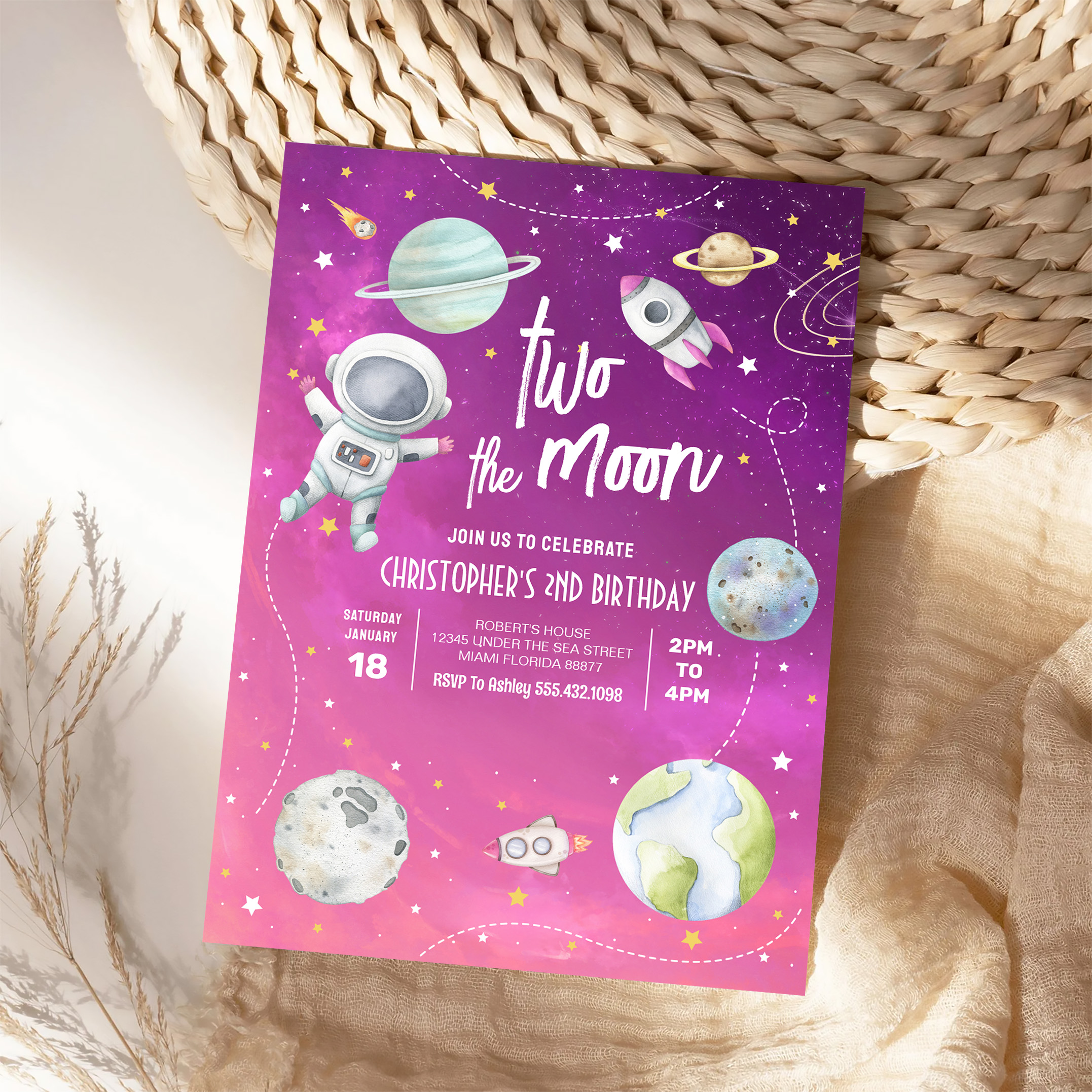 Two The Moon Outer Space Galaxy 2nd Birthday Invitation - Image 4