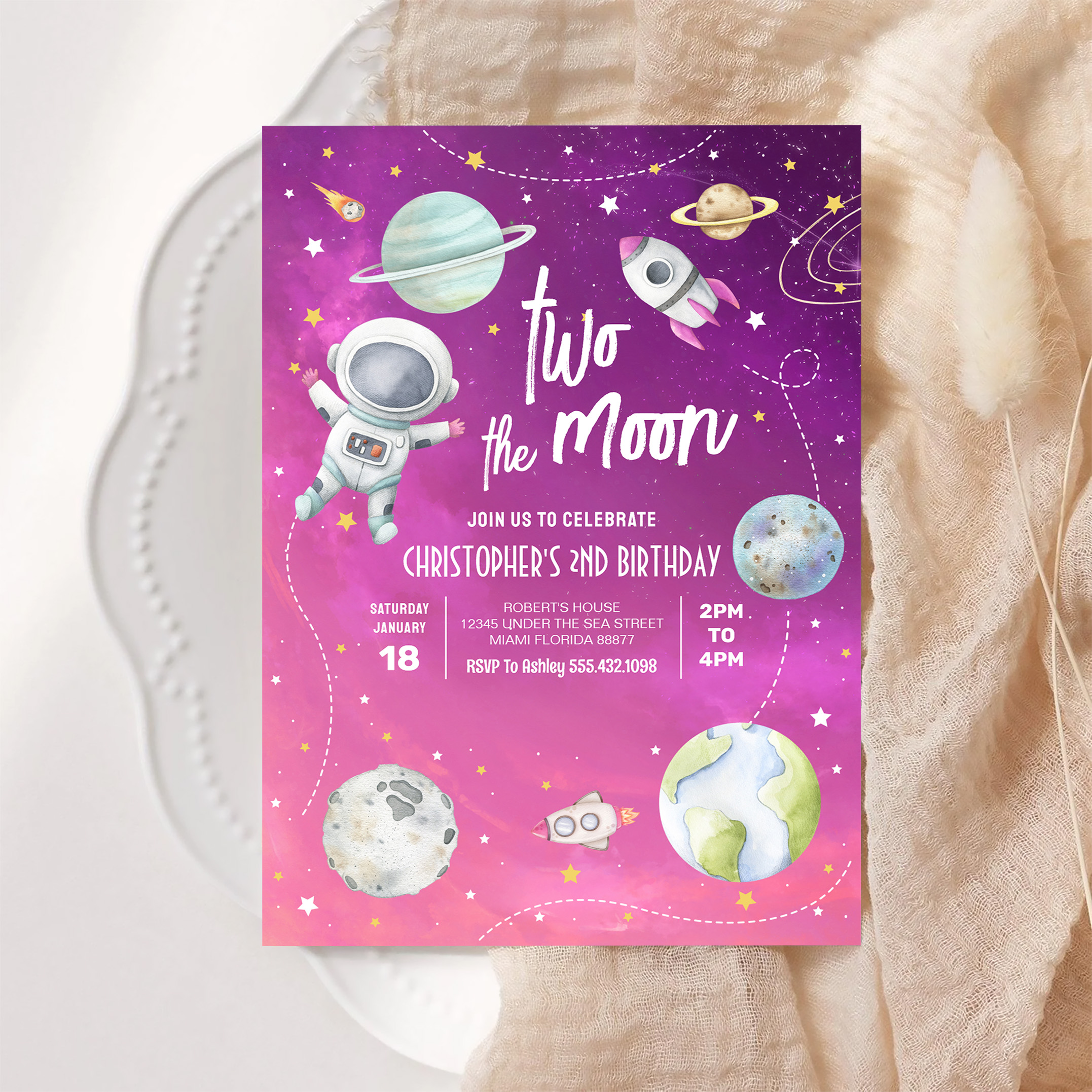 Two The Moon Outer Space Galaxy 2nd Birthday Invitation - Image 6