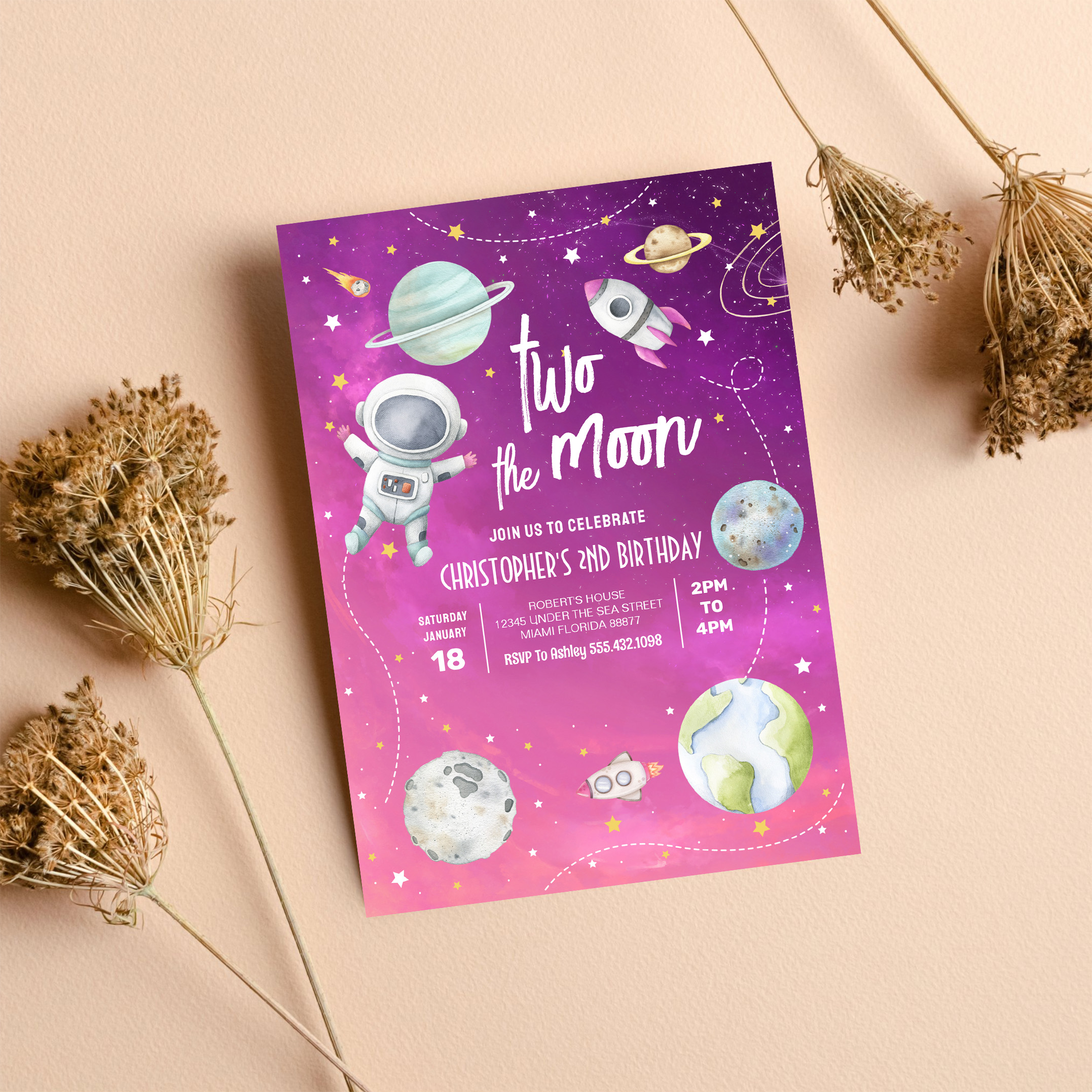 Two The Moon Outer Space Galaxy 2nd Birthday Invitation - Image 8