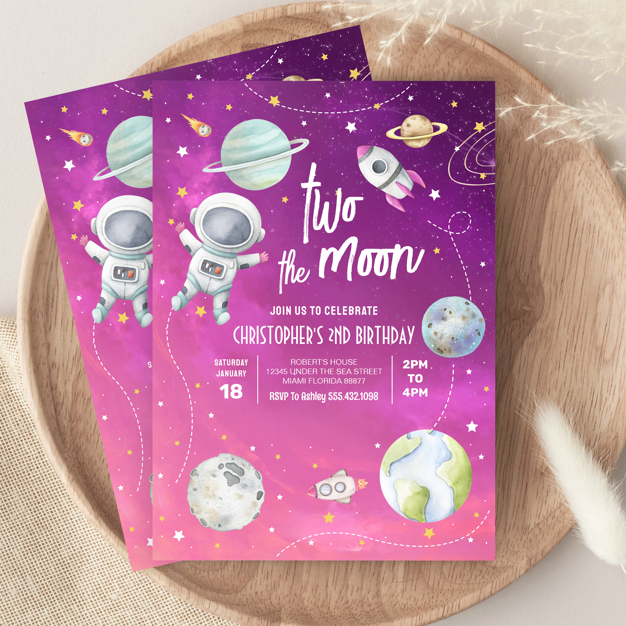 Two The Moon Outer Space Galaxy 2nd Birthday Invitation - Image 9