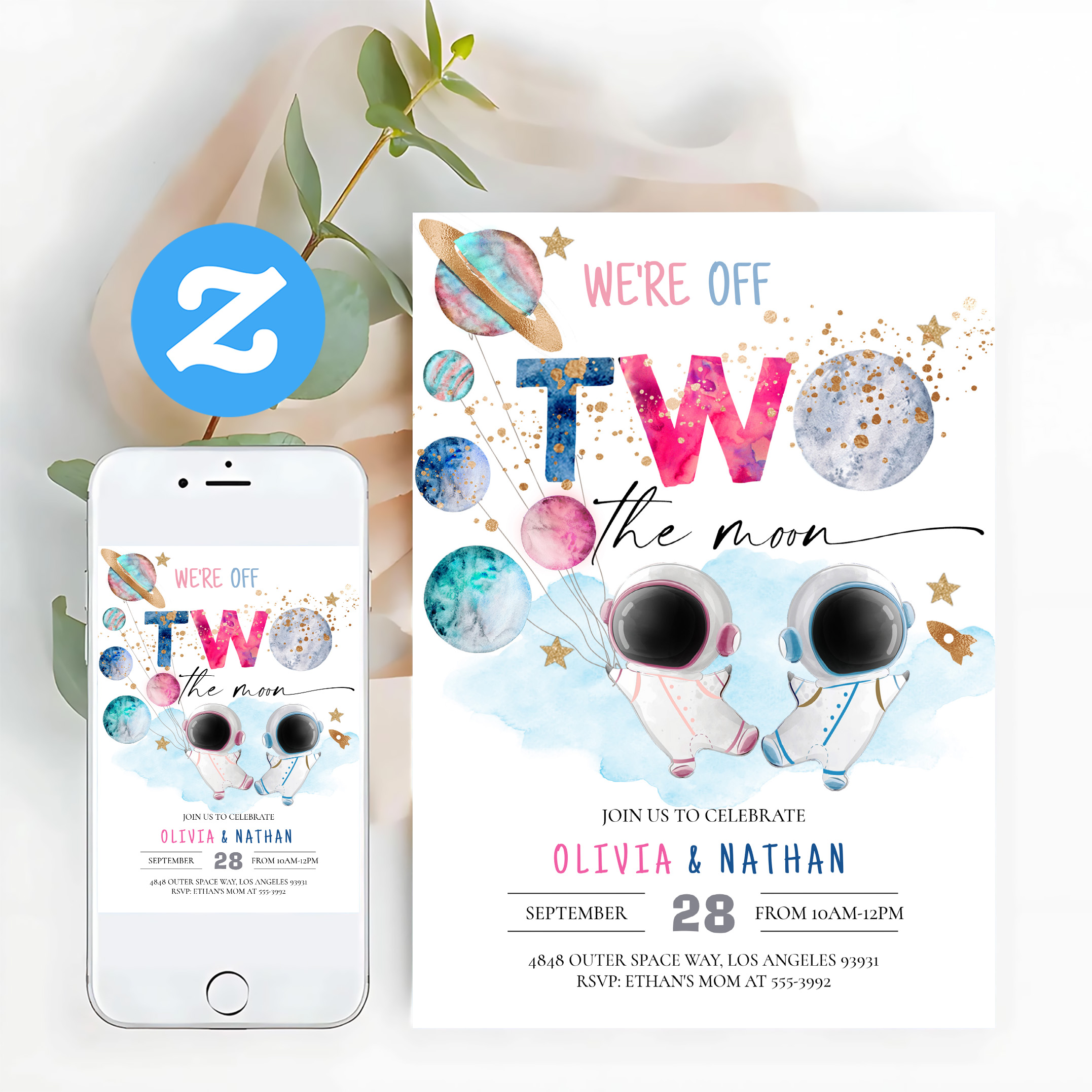 Two The Moon Twins Dual Sibling Astronaut Birthday Invitation - Image 12