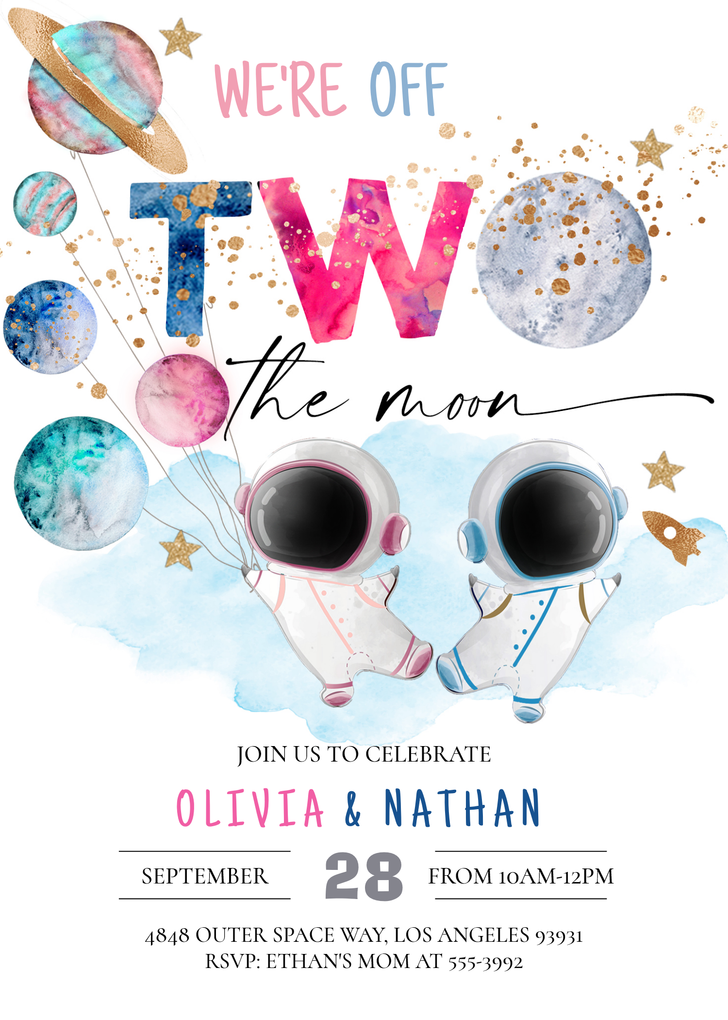 Two The Moon Twins Dual Sibling Astronaut Birthday Invitation