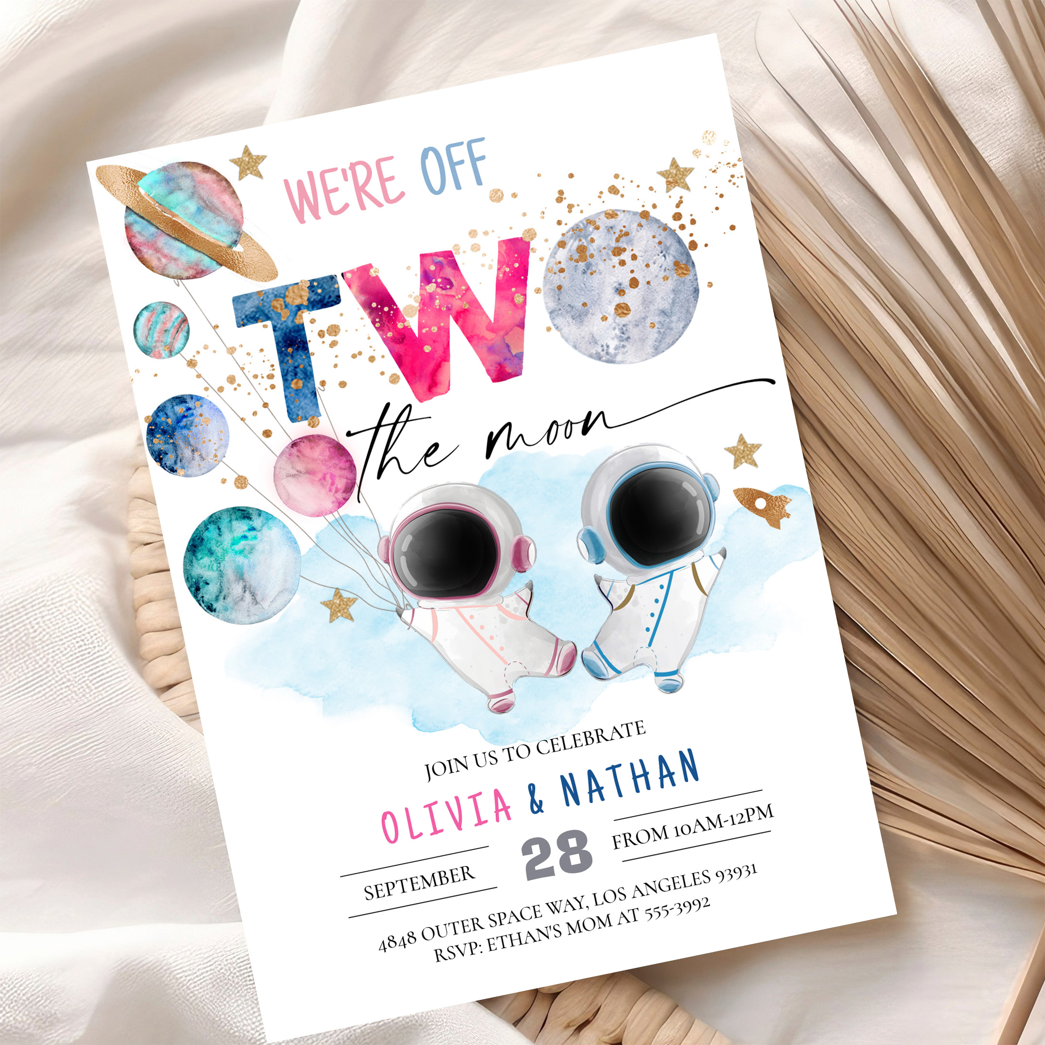 Two The Moon Twins Dual Sibling Astronaut Birthday Invitation - Image 10