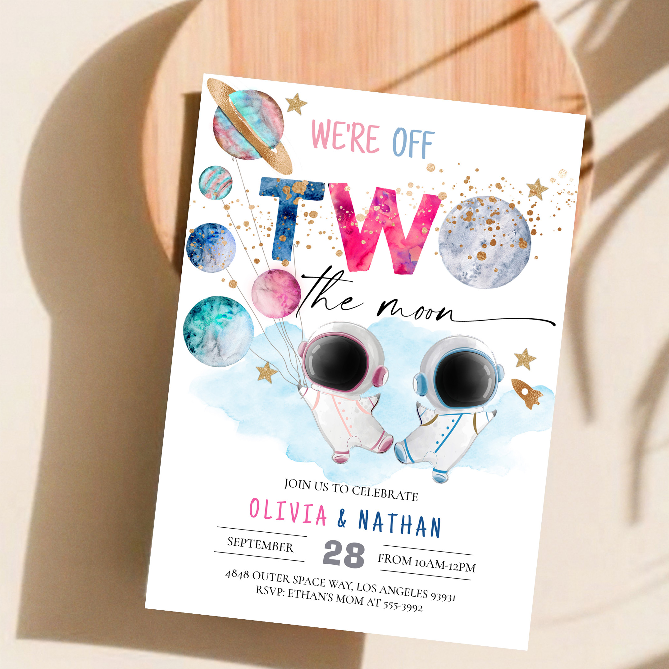 Two The Moon Twins Dual Sibling Astronaut Birthday Invitation - Image 11