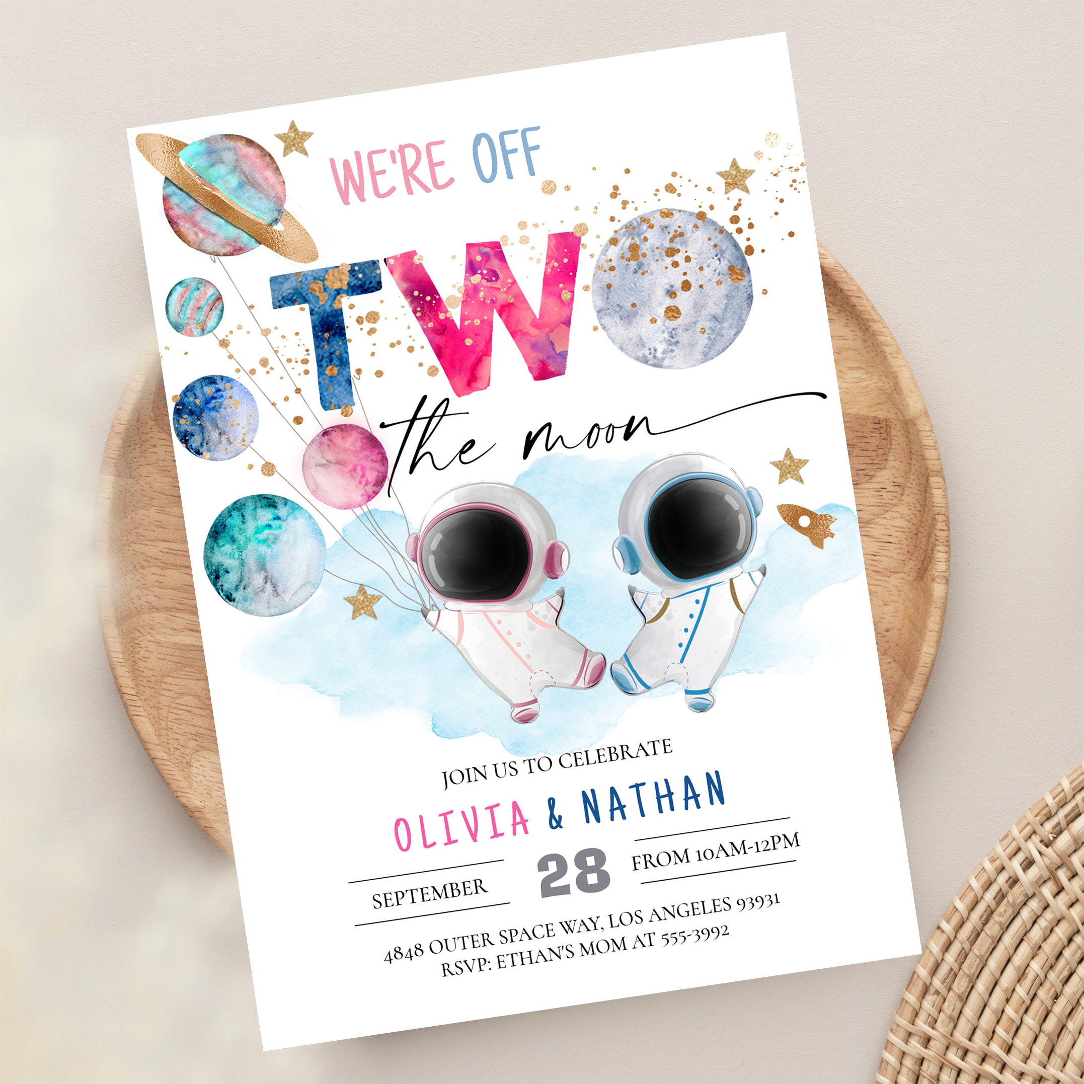 Two The Moon Twins Dual Sibling Astronaut Birthday Invitation - Image 13