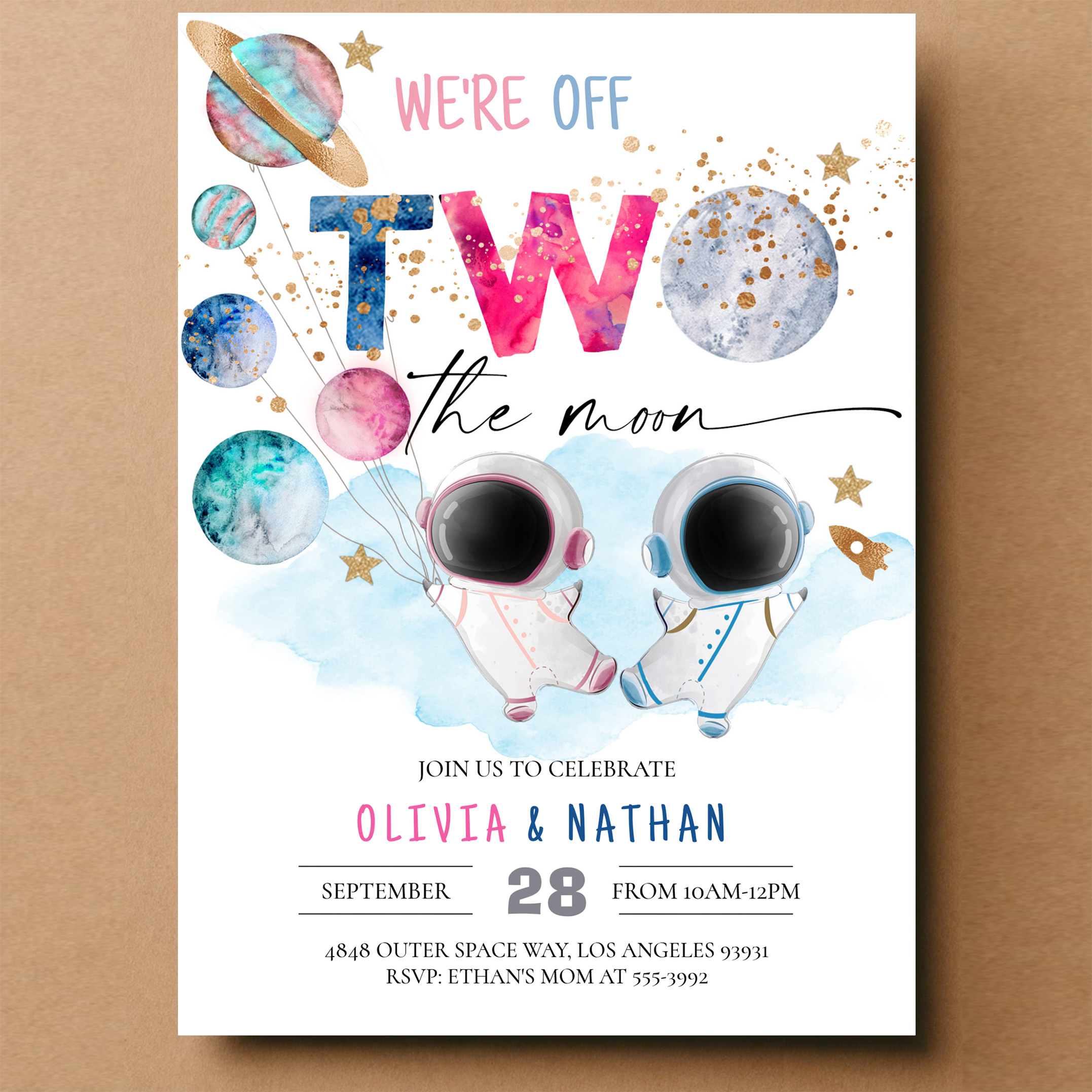 Two The Moon Twins Dual Sibling Astronaut Birthday Invitation - Image 14