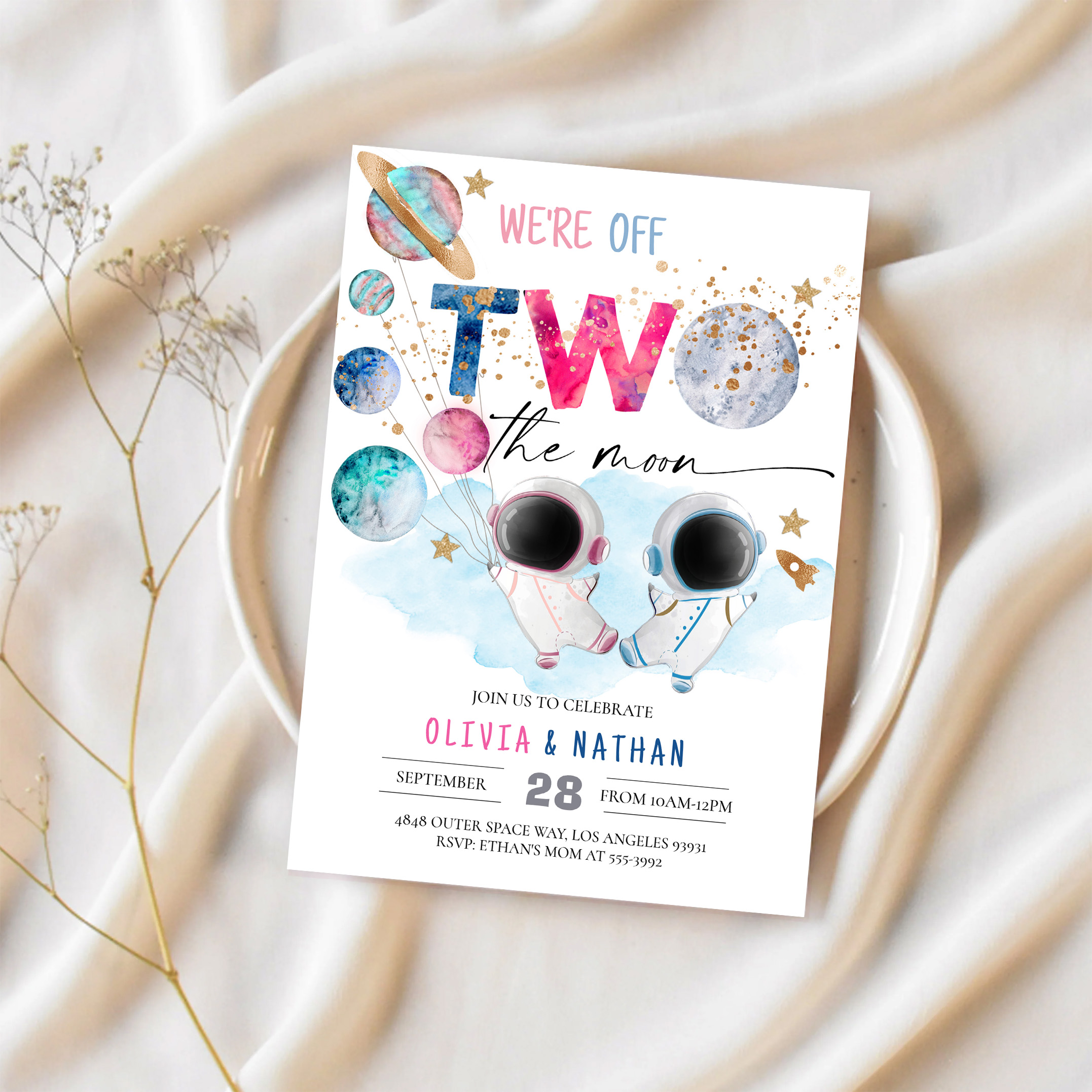 Two The Moon Twins Dual Sibling Astronaut Birthday Invitation - Image 2