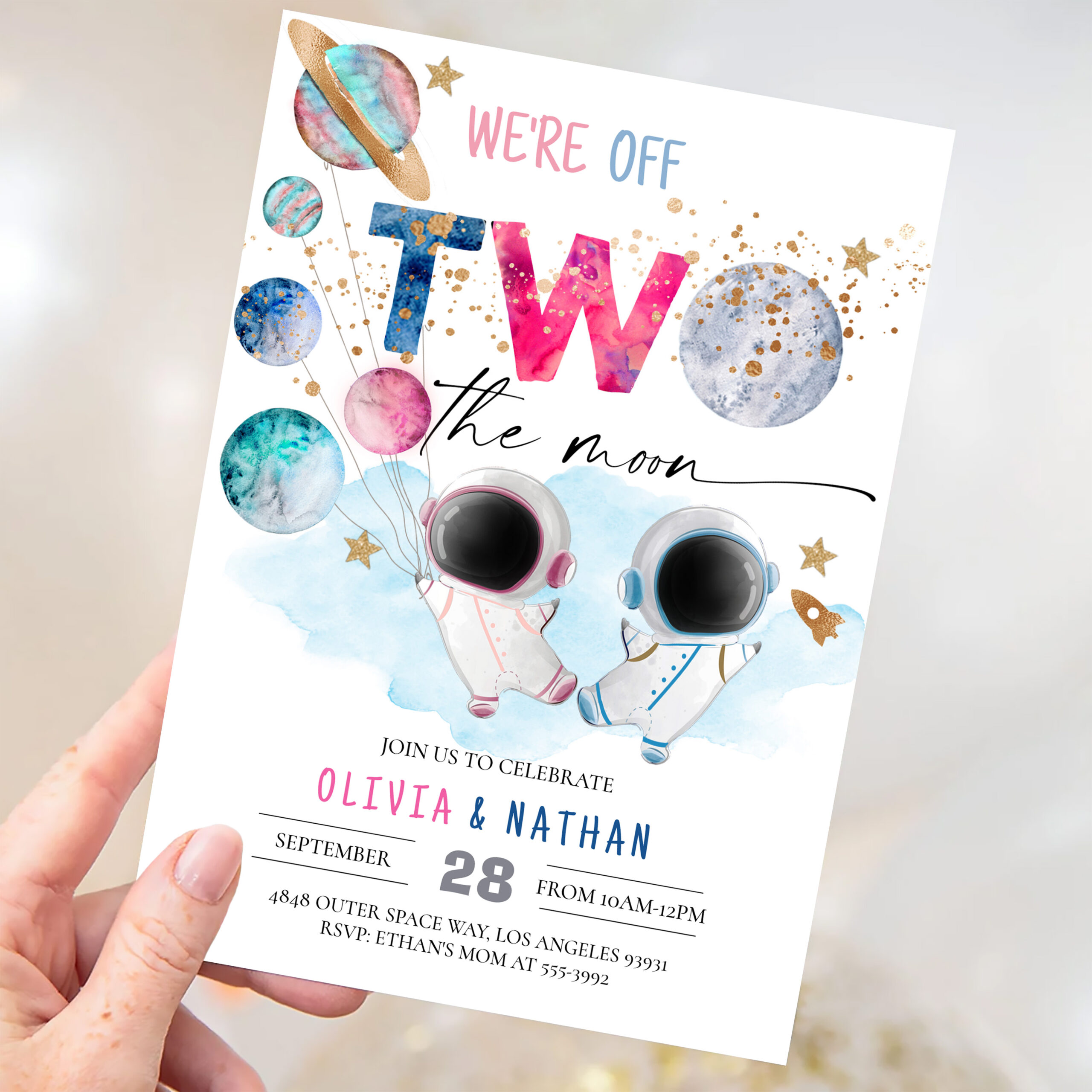 Two The Moon Twins Dual Sibling Astronaut Birthday Invitation - Image 3