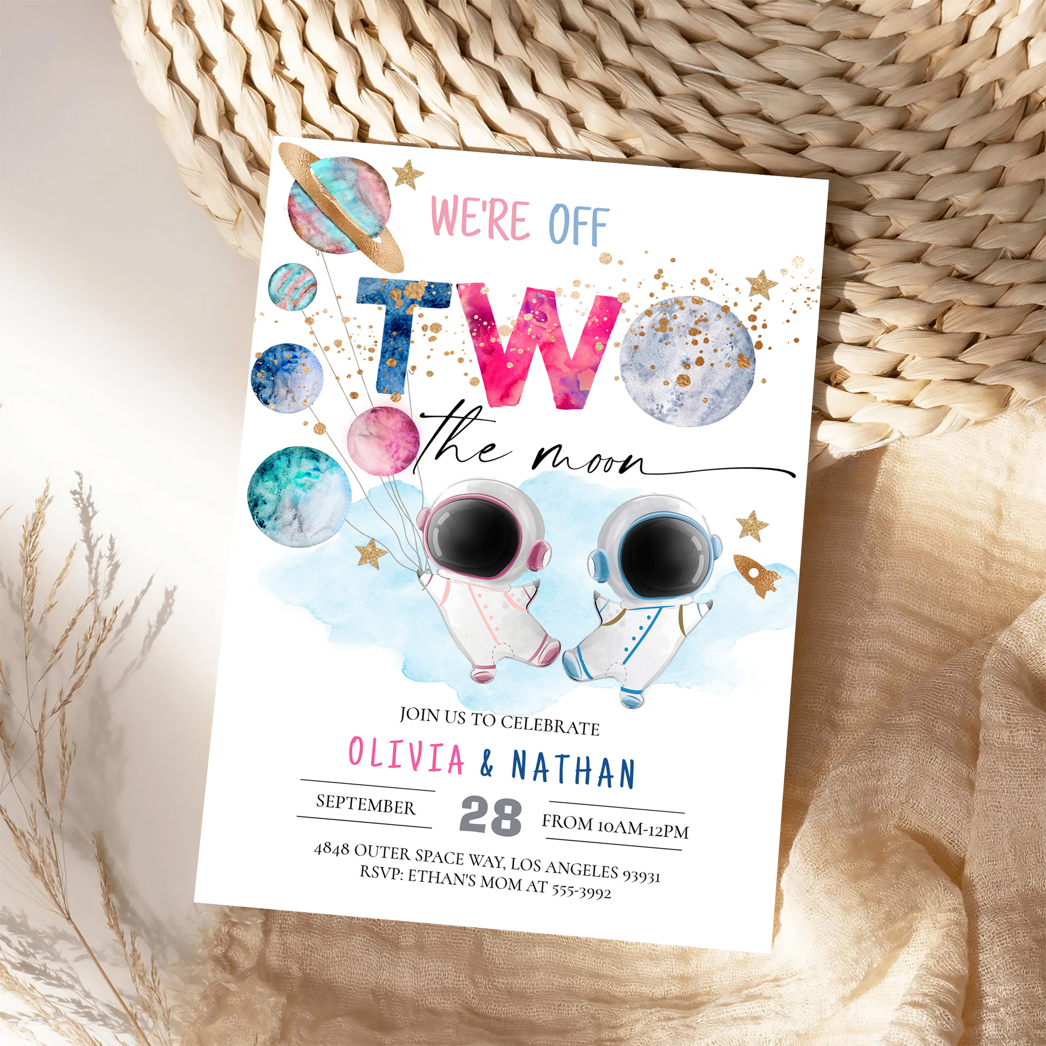 Two The Moon Twins Dual Sibling Astronaut Birthday Invitation - Image 4