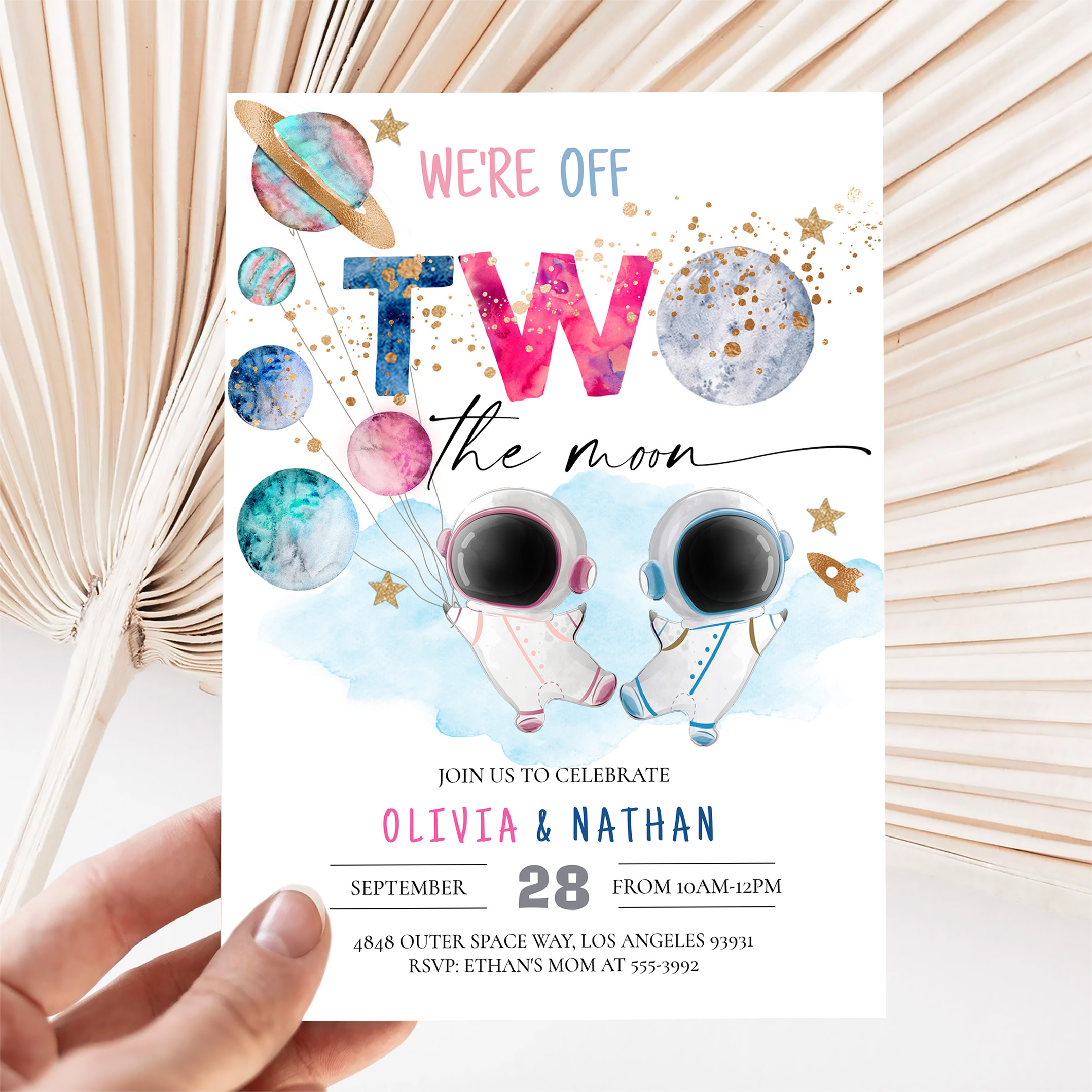 Two The Moon Twins Dual Sibling Astronaut Birthday Invitation - Image 5