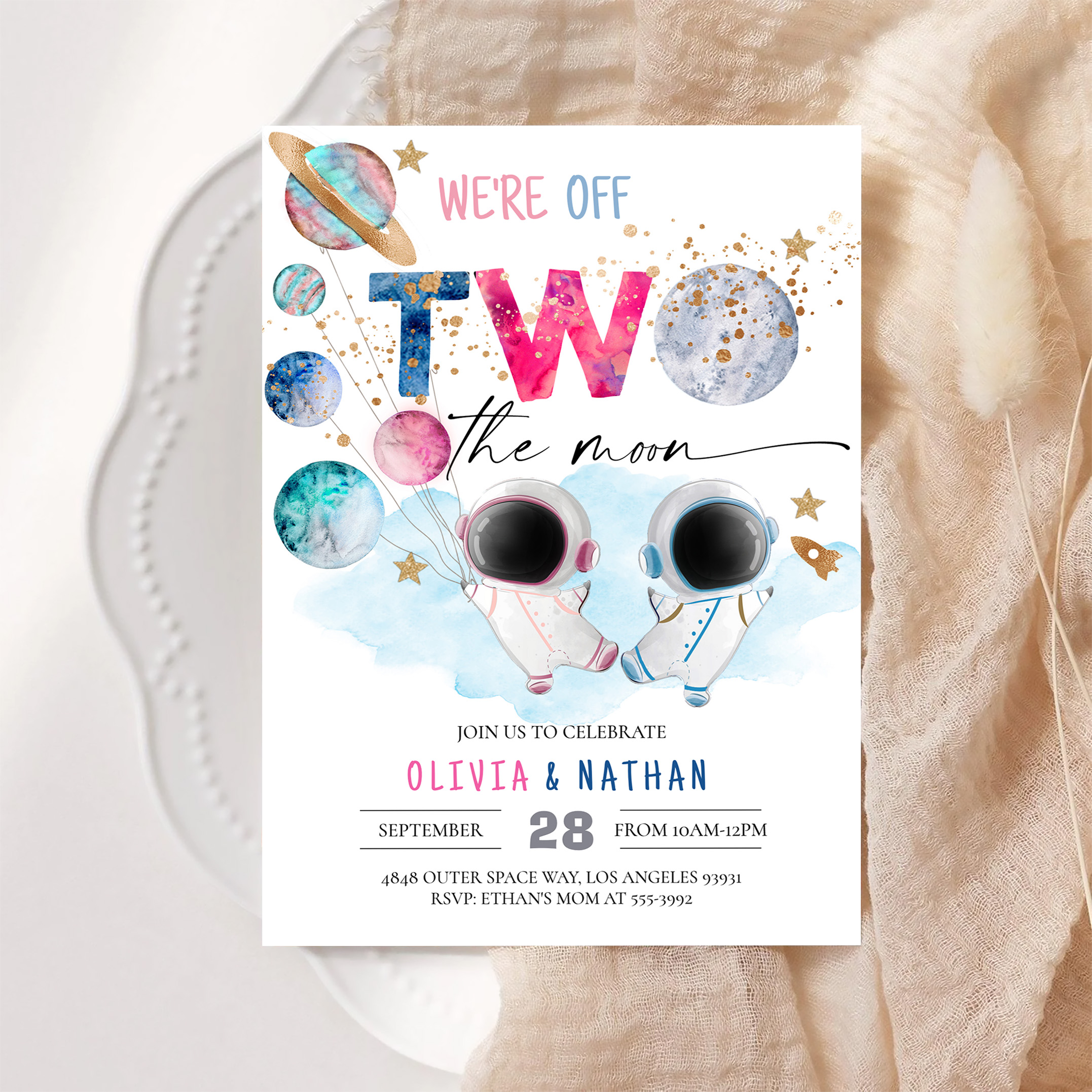 Two The Moon Twins Dual Sibling Astronaut Birthday Invitation - Image 6