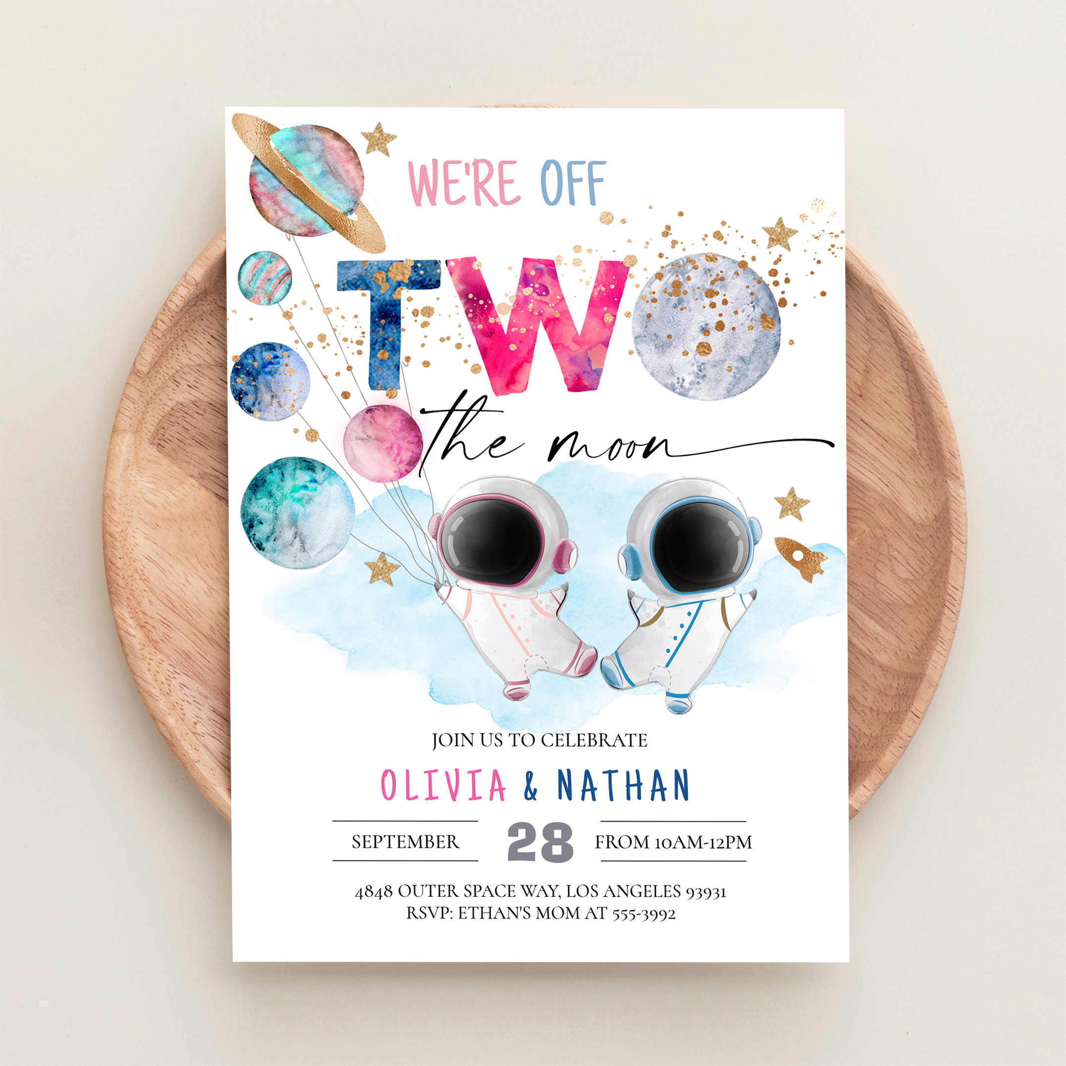 Two The Moon Twins Dual Sibling Astronaut Birthday Invitation - Image 7