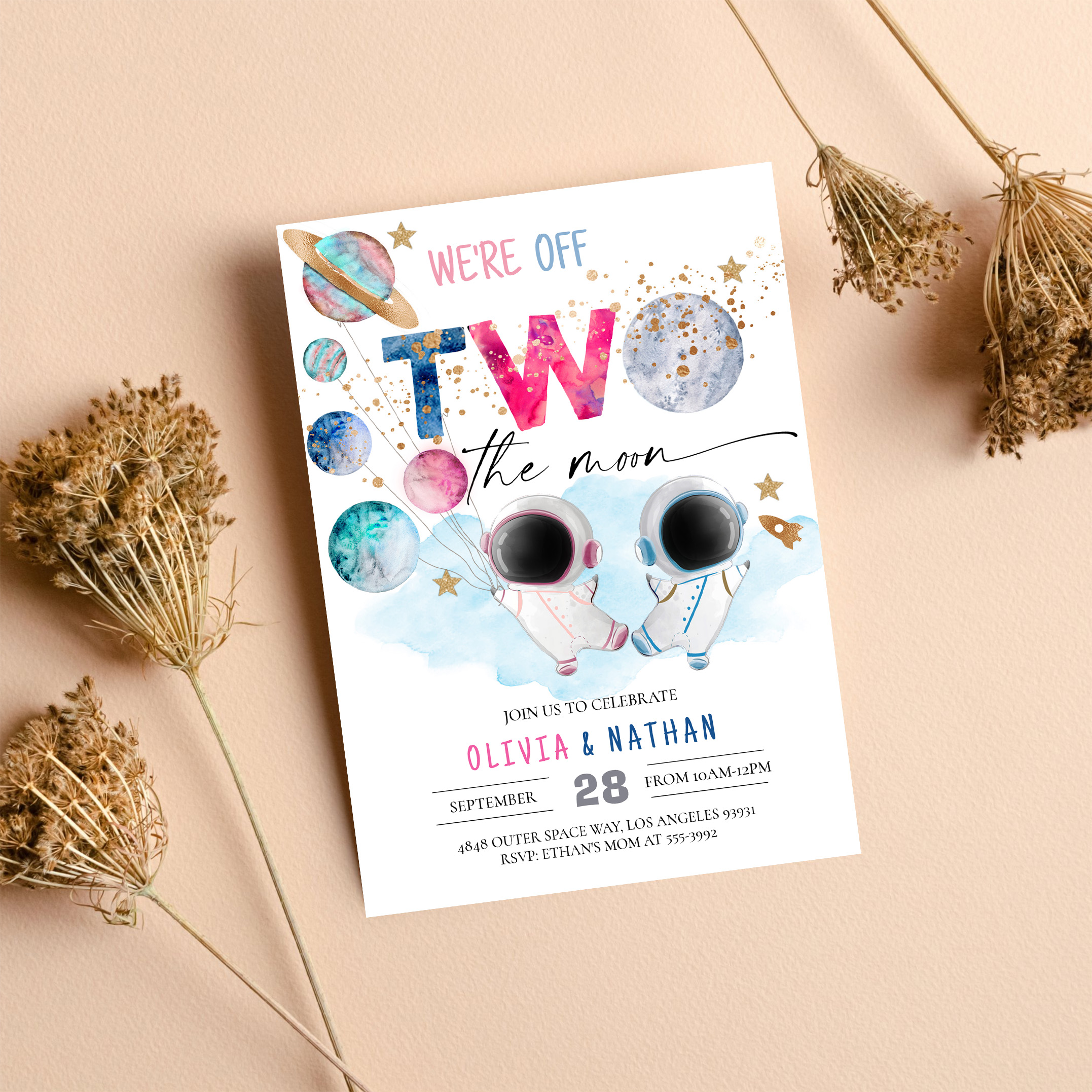 Two The Moon Twins Dual Sibling Astronaut Birthday Invitation - Image 8