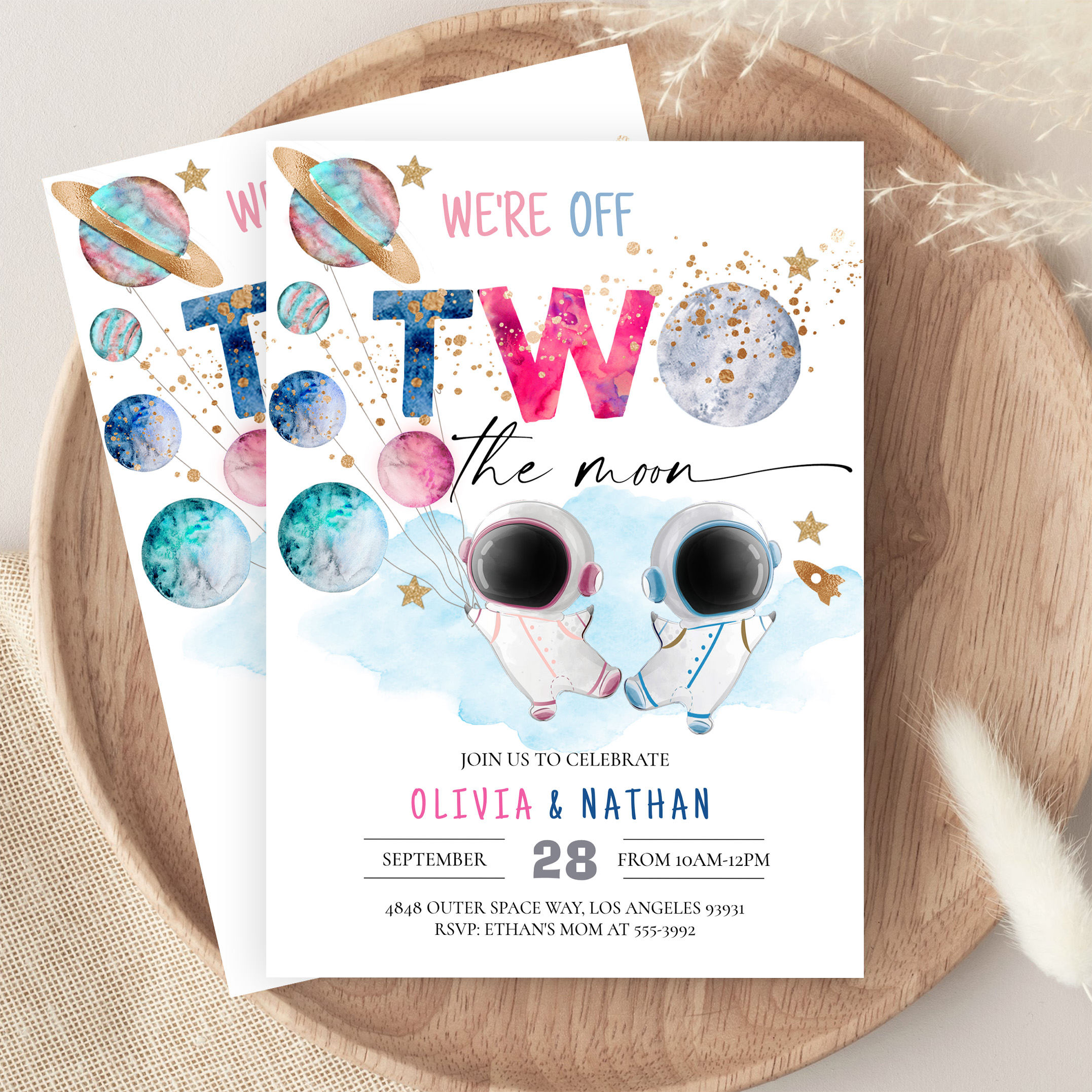 Two The Moon Twins Dual Sibling Astronaut Birthday Invitation - Image 9