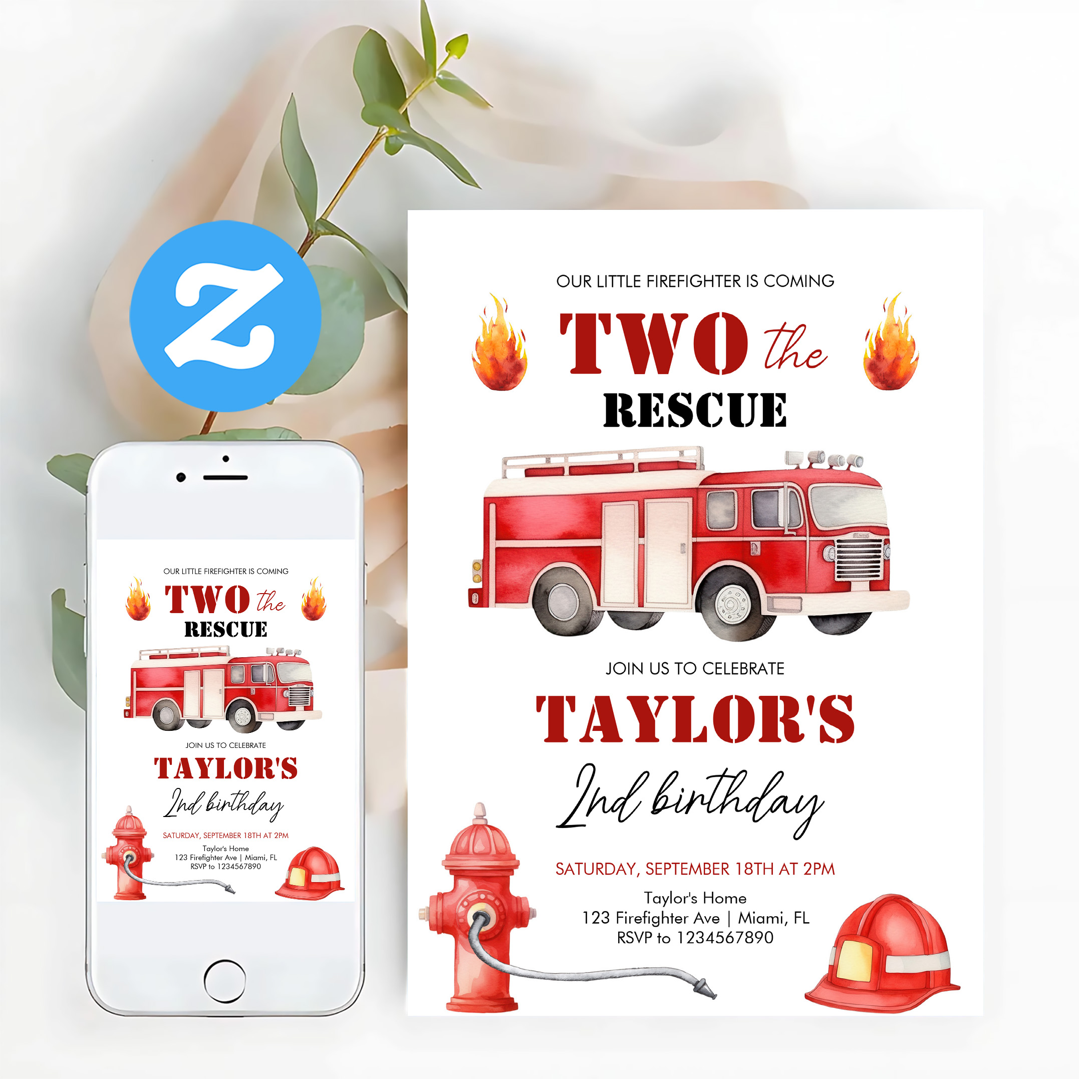 Two The Rescue Firetruck Boys 2nd Birthday Invitation - Image 12