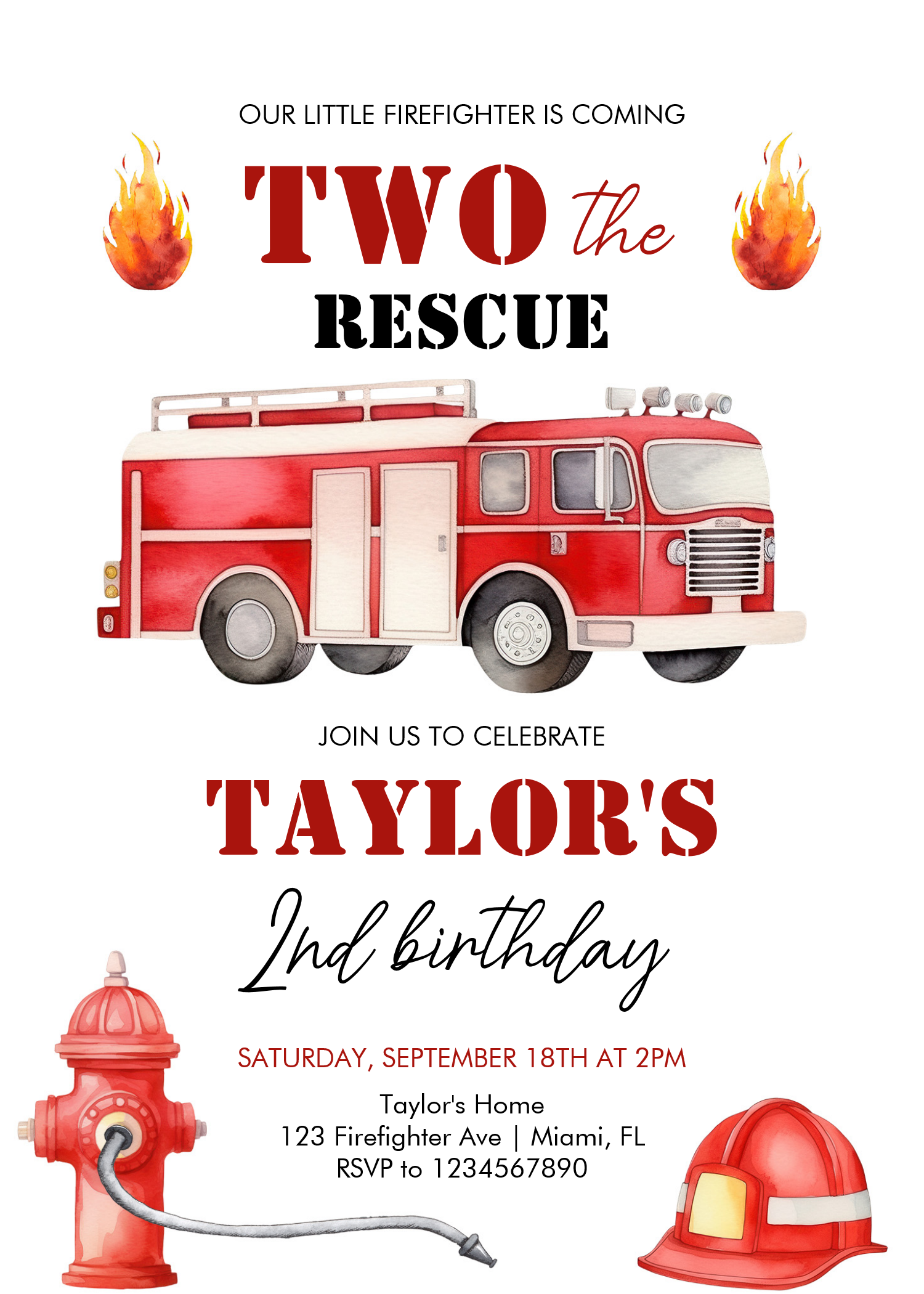 Two The Rescue Firetruck Boys 2nd Birthday Invitation