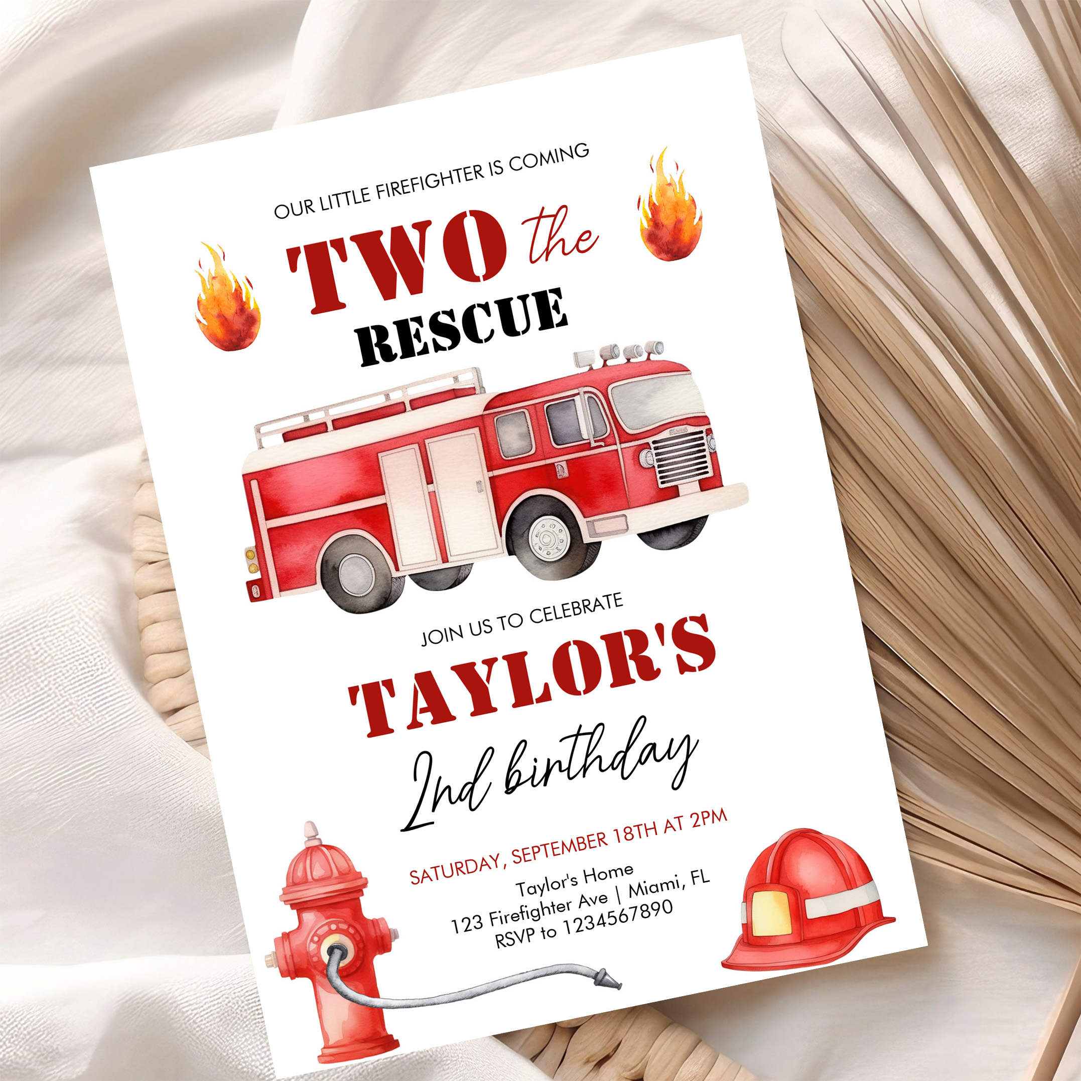 Two The Rescue Firetruck Boys 2nd Birthday Invitation - Image 10