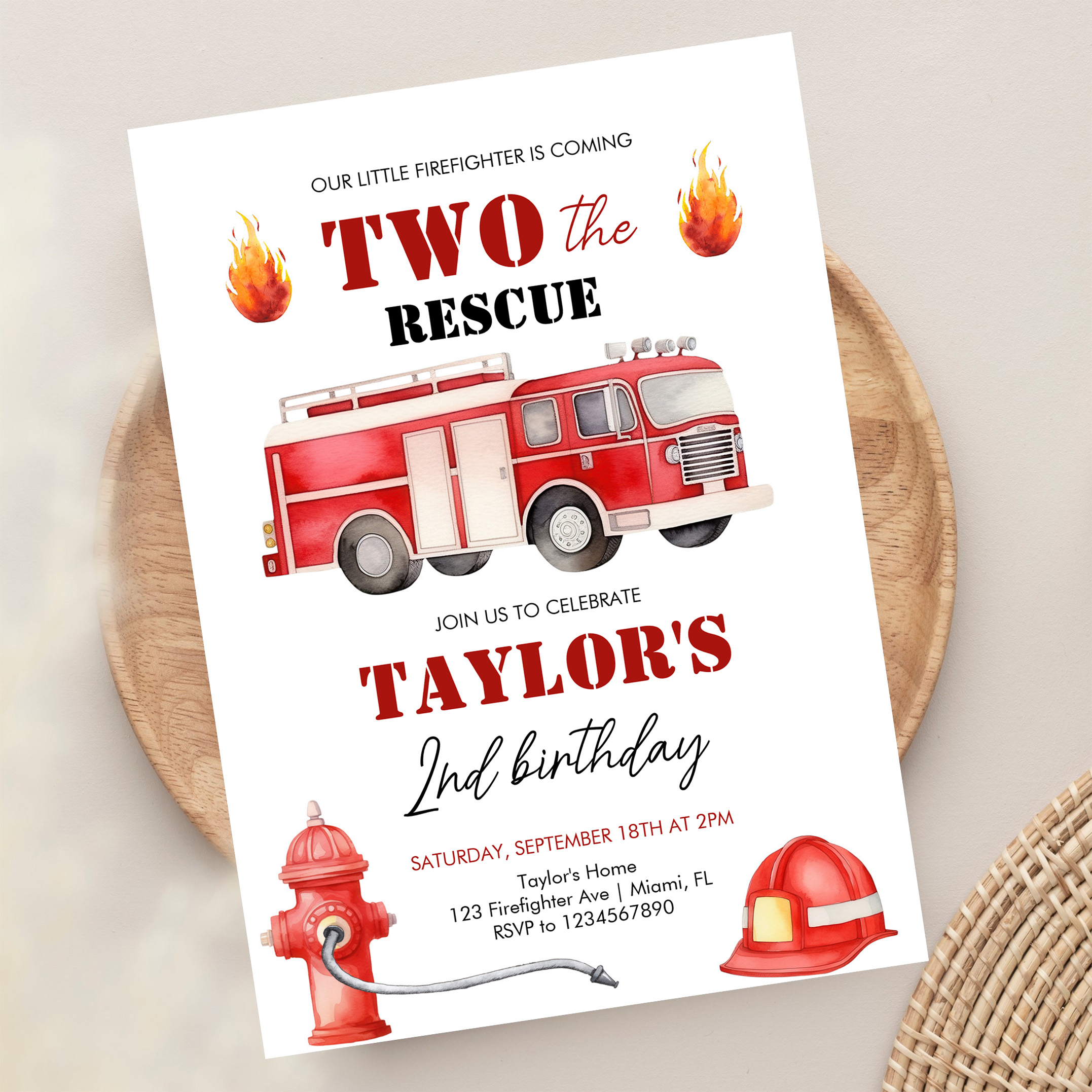 Two The Rescue Firetruck Boys 2nd Birthday Invitation - Image 13