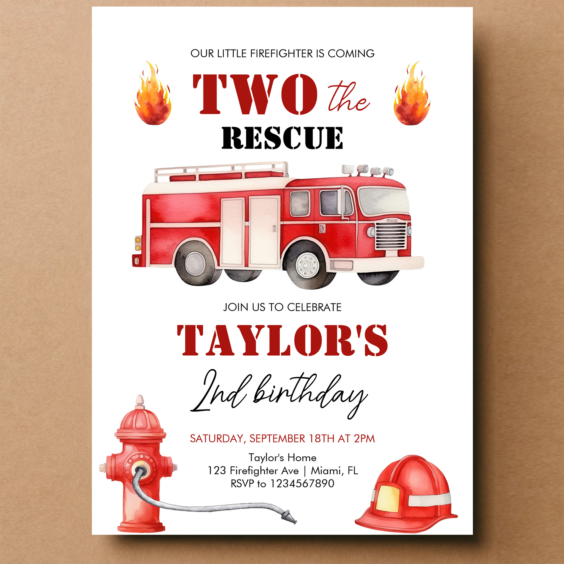 Two The Rescue Firetruck Boys 2nd Birthday Invitation - Image 14