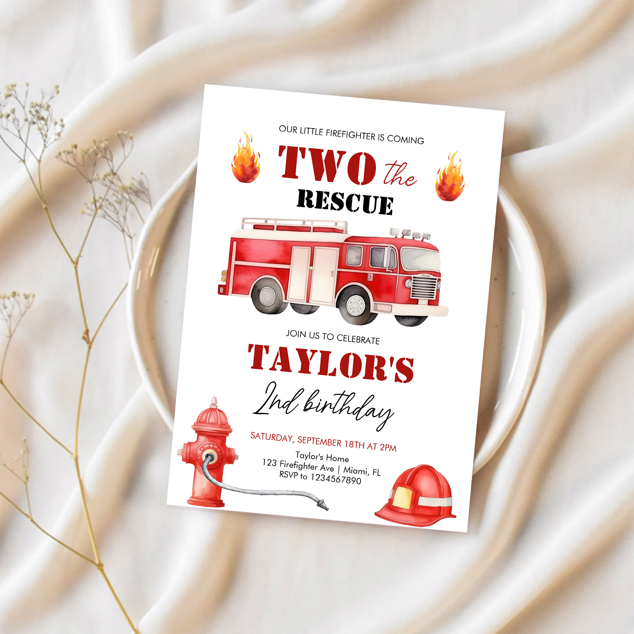 Two The Rescue Firetruck Boys 2nd Birthday Invitation - Image 2