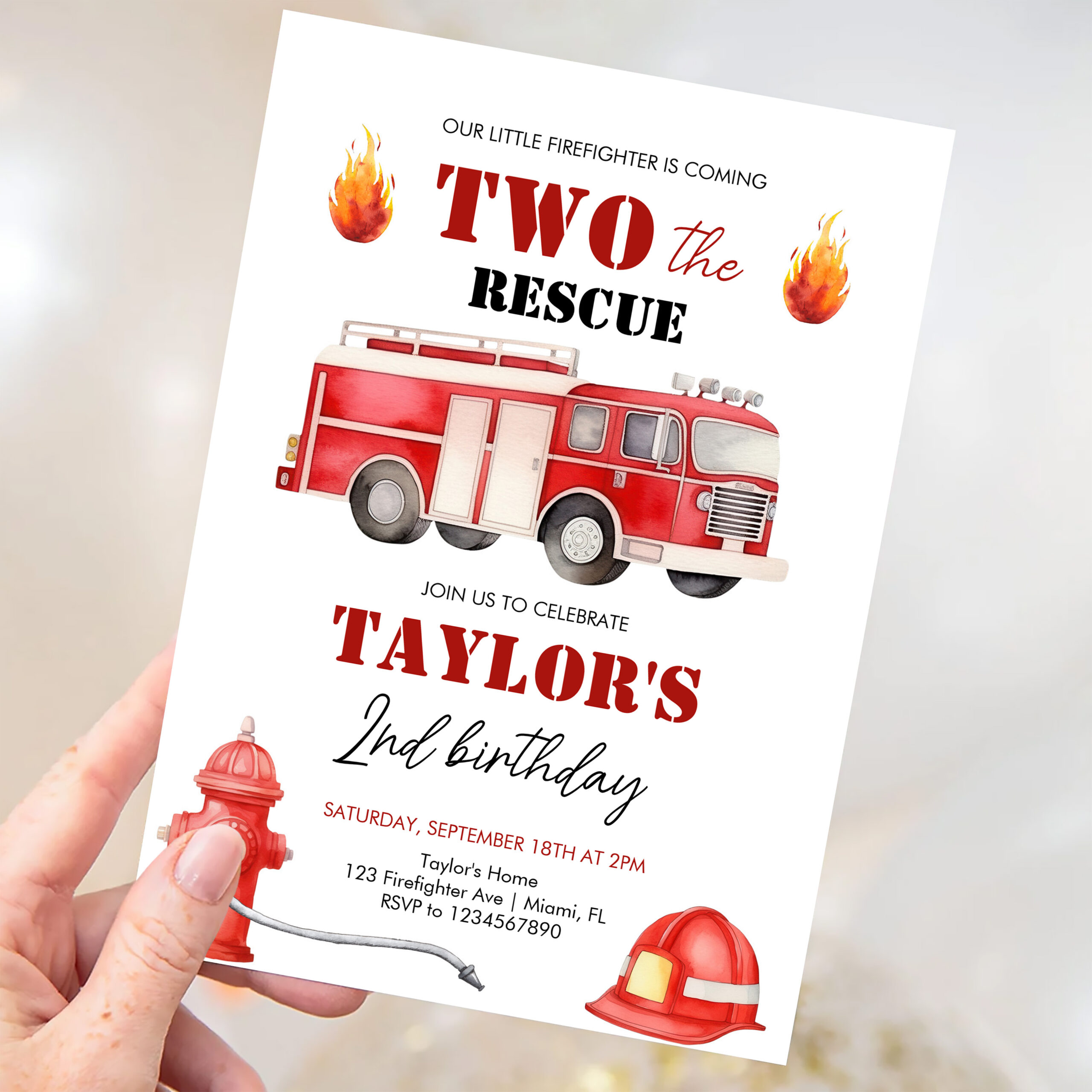 Two The Rescue Firetruck Boys 2nd Birthday Invitation - Image 3