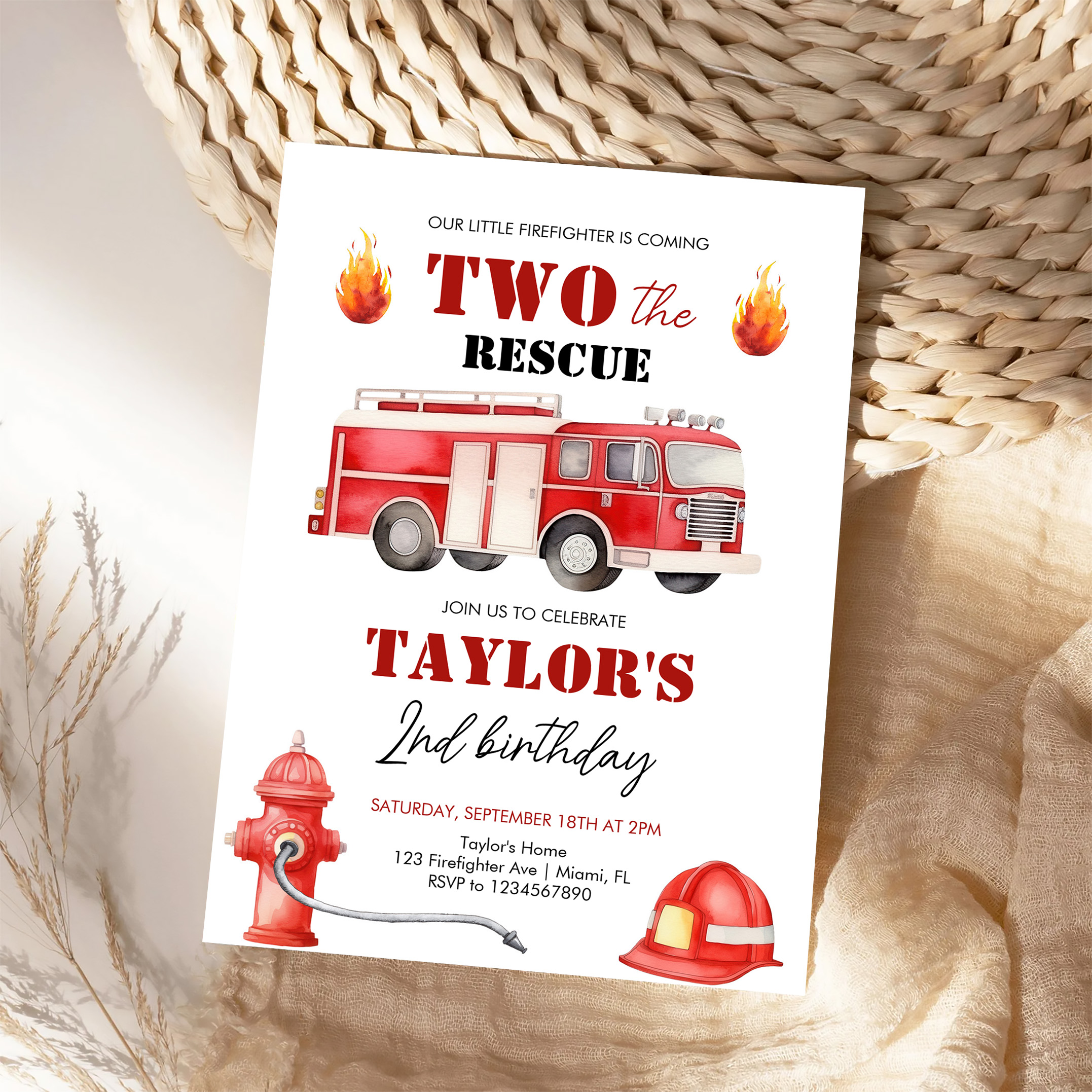 Two The Rescue Firetruck Boys 2nd Birthday Invitation - Image 4