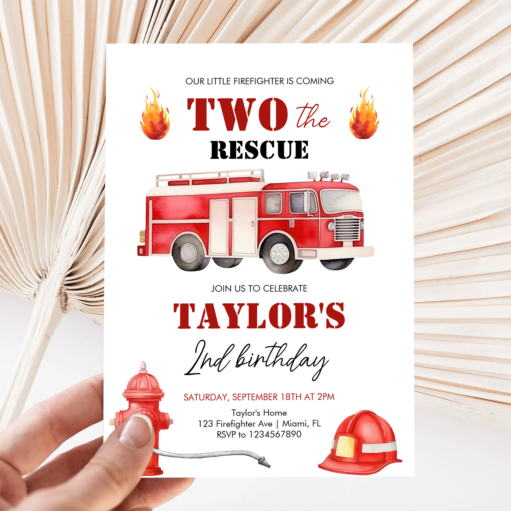 Two The Rescue Firetruck Boys 2nd Birthday Invitation - Image 5
