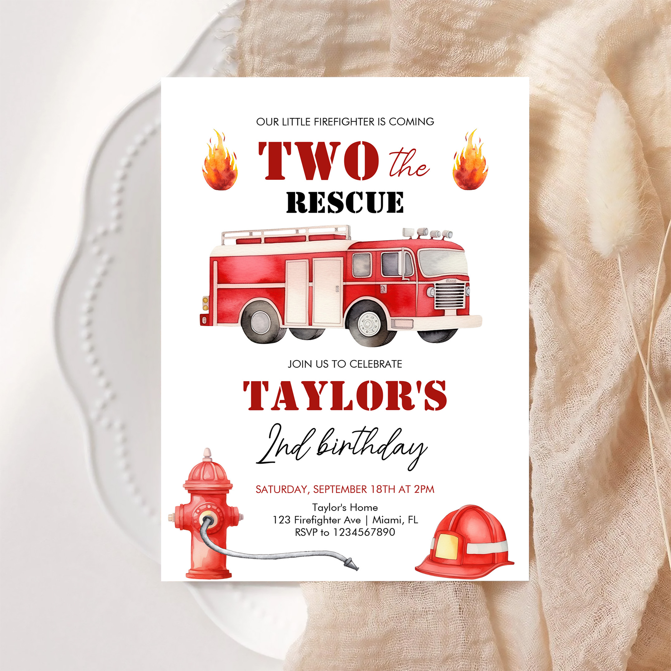 Two The Rescue Firetruck Boys 2nd Birthday Invitation - Image 6
