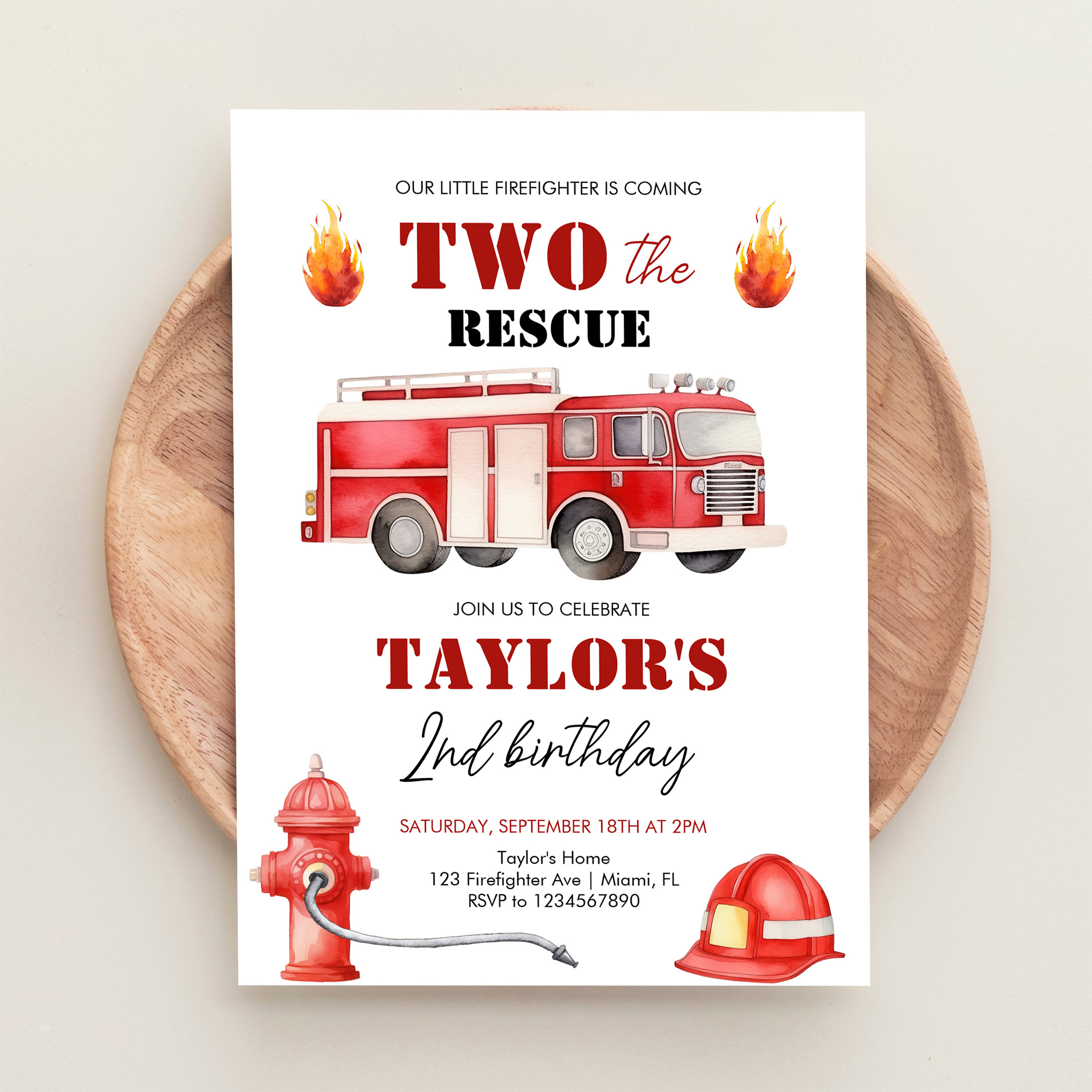 Two The Rescue Firetruck Boys 2nd Birthday Invitation - Image 7