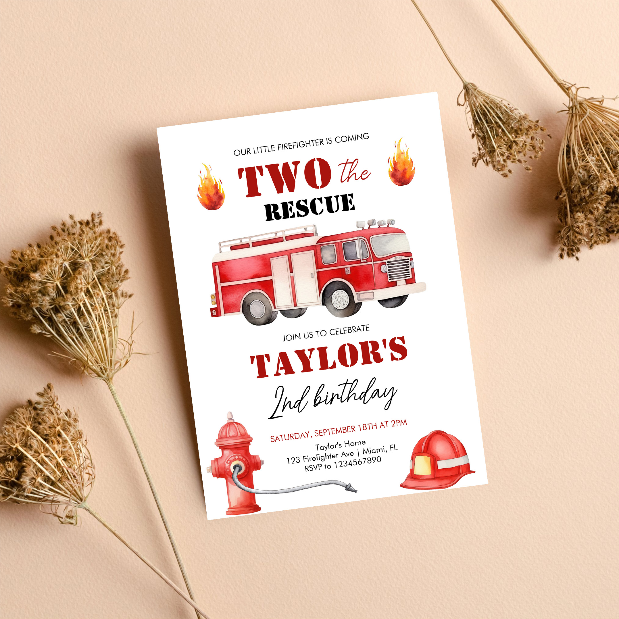 Two The Rescue Firetruck Boys 2nd Birthday Invitation - Image 8