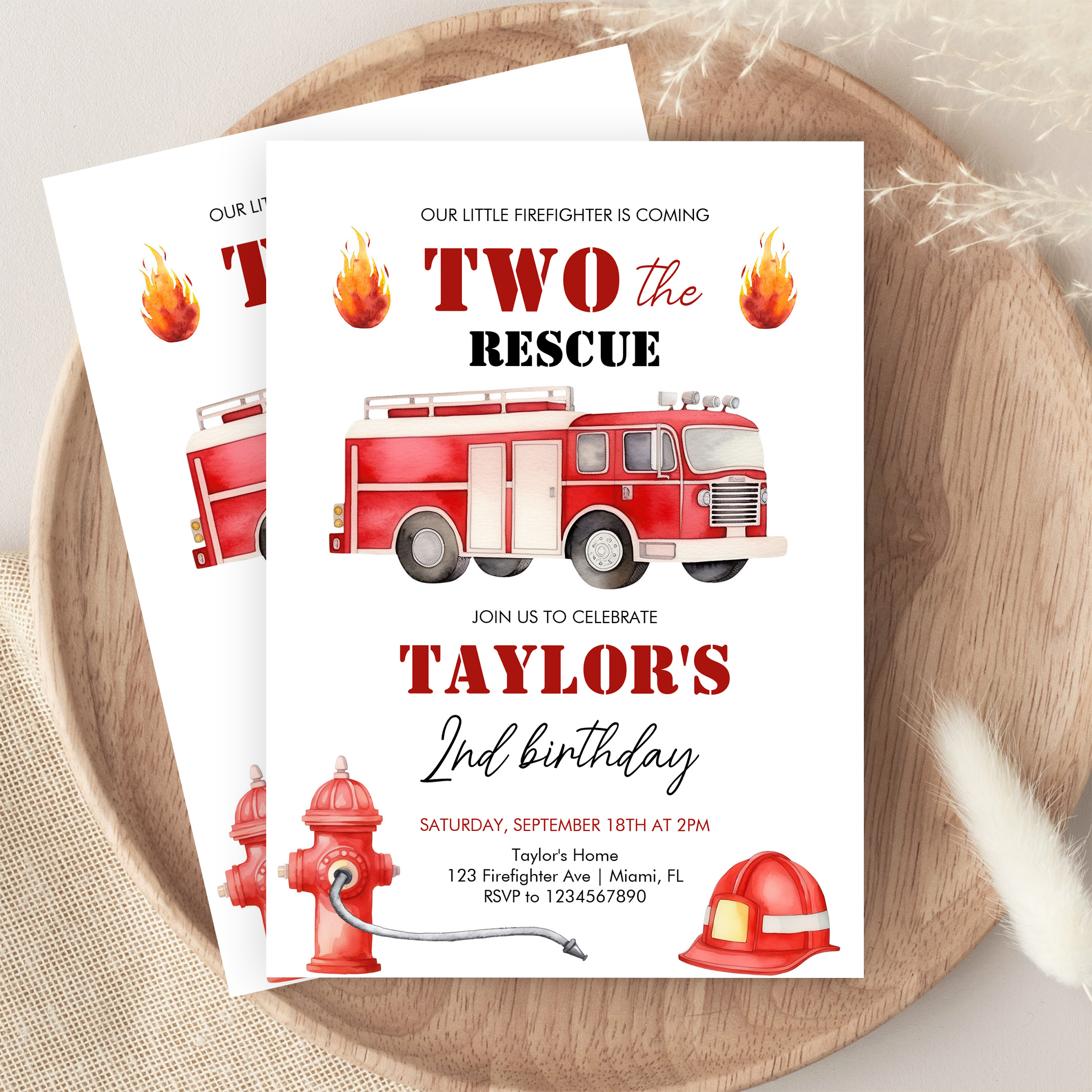 Two The Rescue Firetruck Boys 2nd Birthday Invitation - Image 9