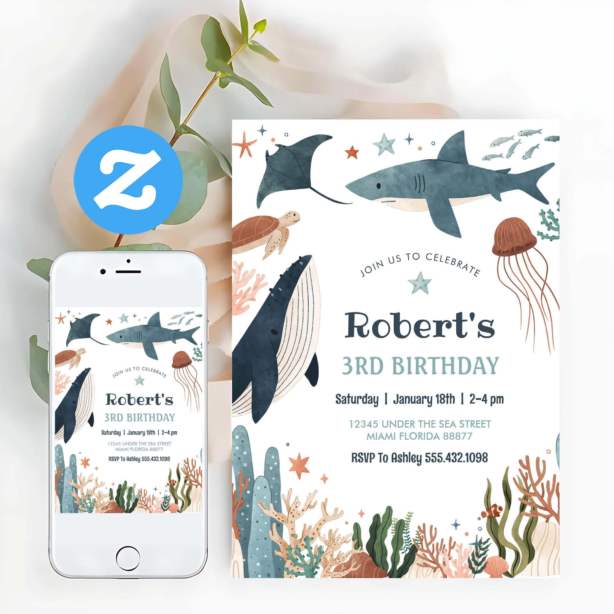 Under The Sea Whale Turtle Shark 1st Birthday Invitation - Image 12