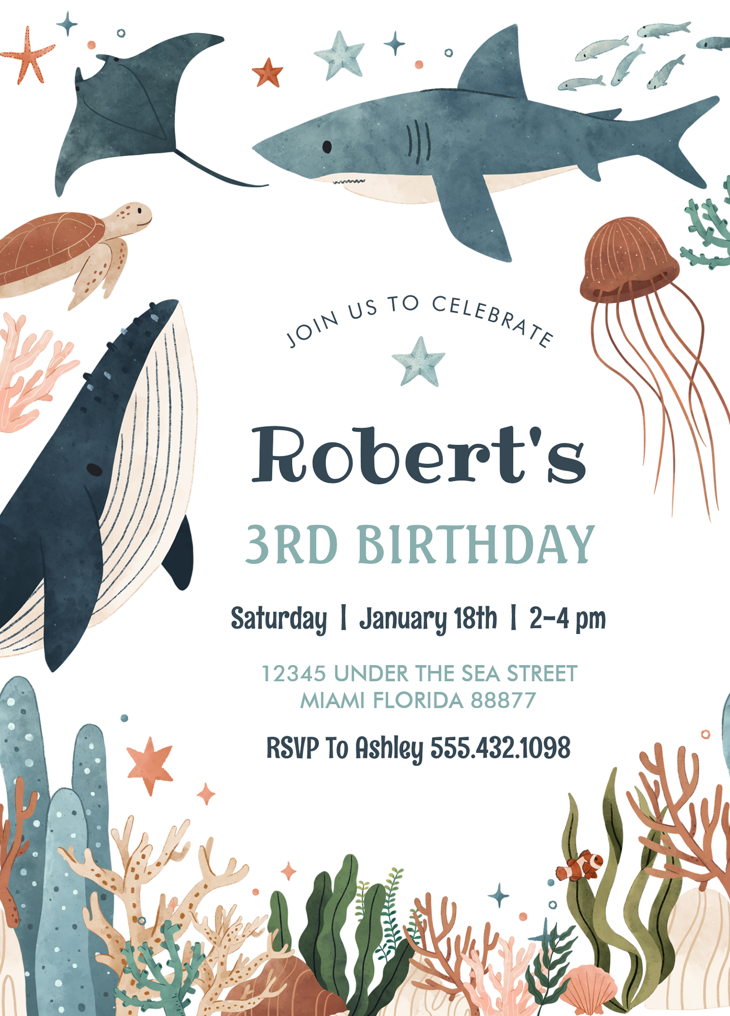 Under The Sea Whale Turtle Shark 1st Birthday Invitation