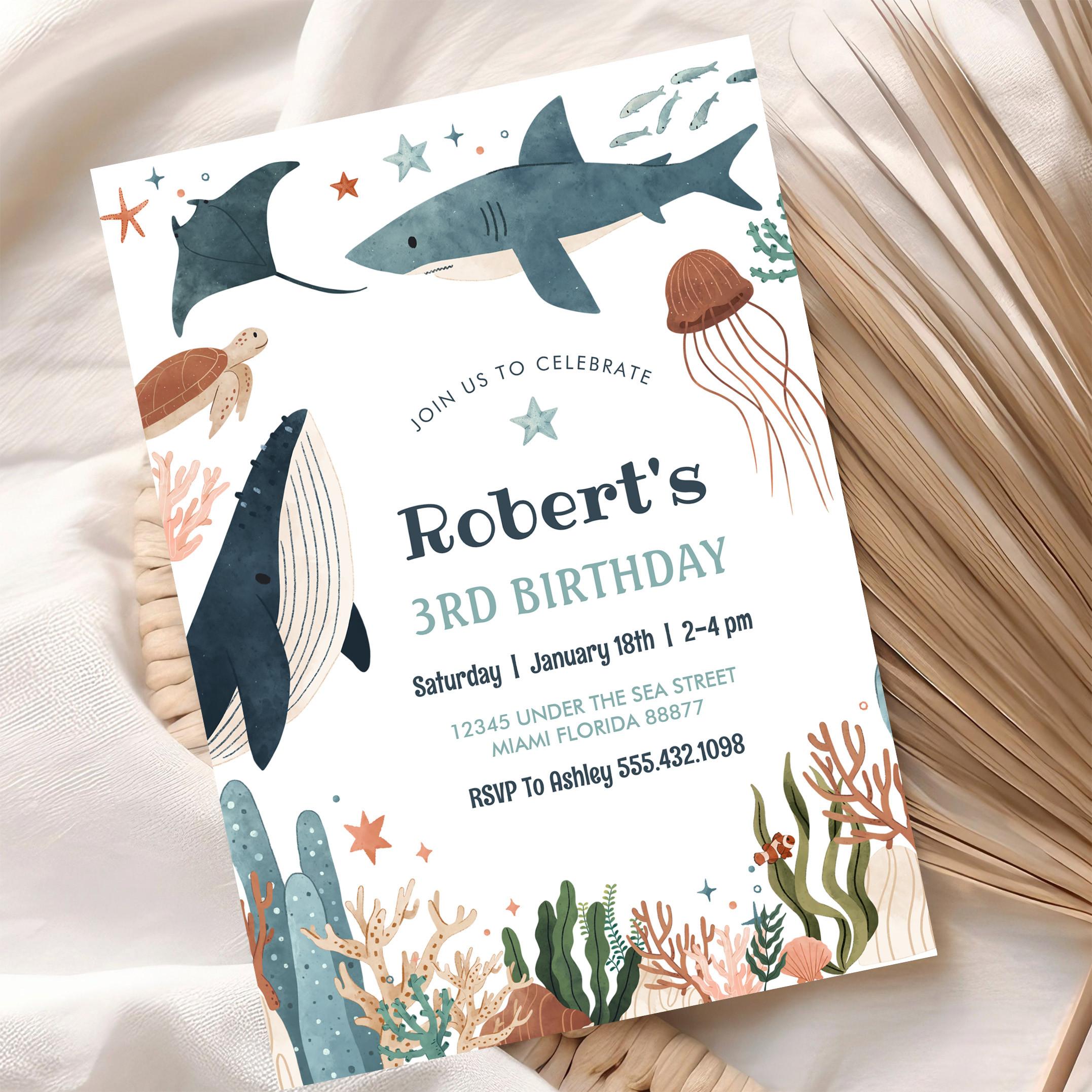 Under The Sea Whale Turtle Shark 1st Birthday Invitation - Image 10