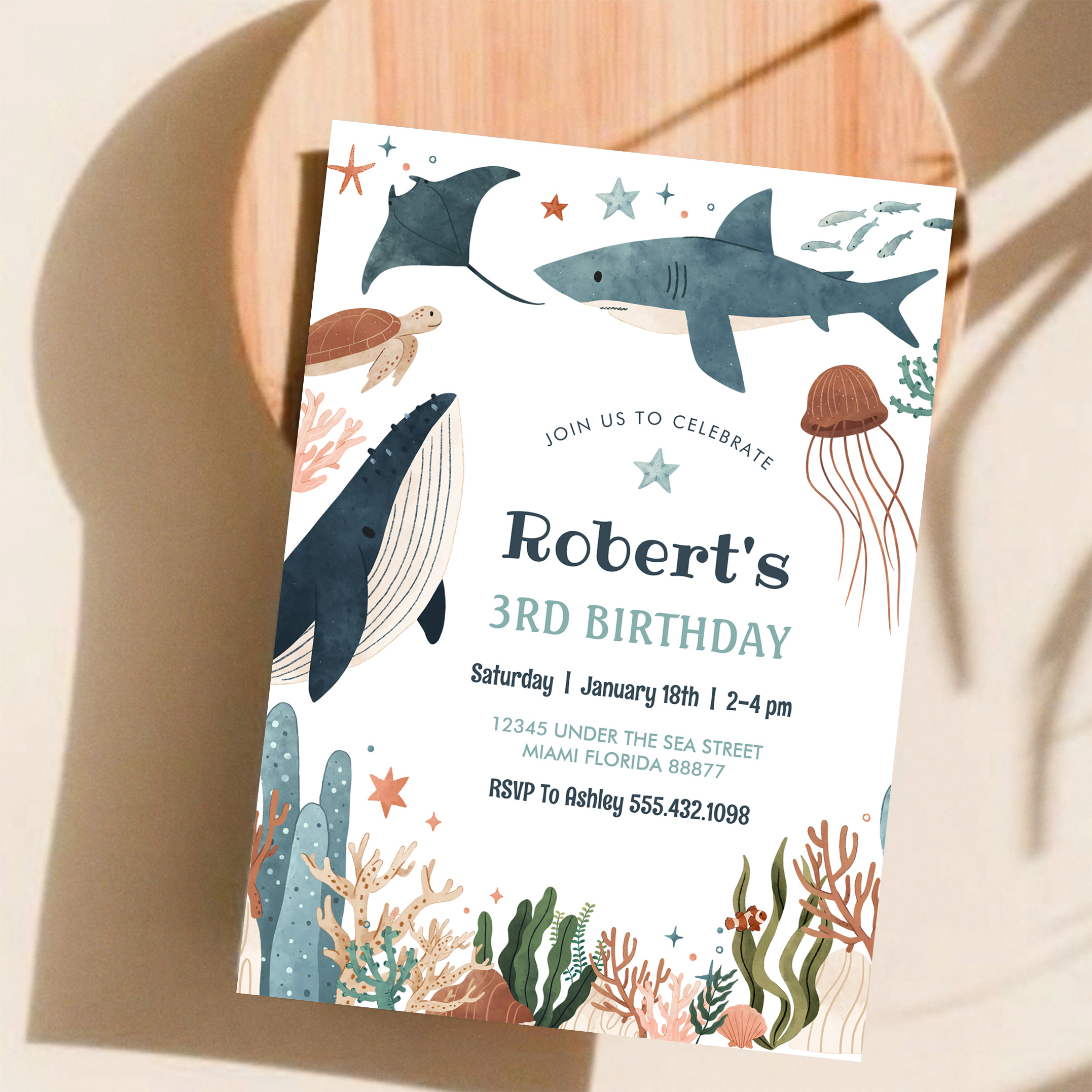 Under The Sea Whale Turtle Shark 1st Birthday Invitation - Image 11