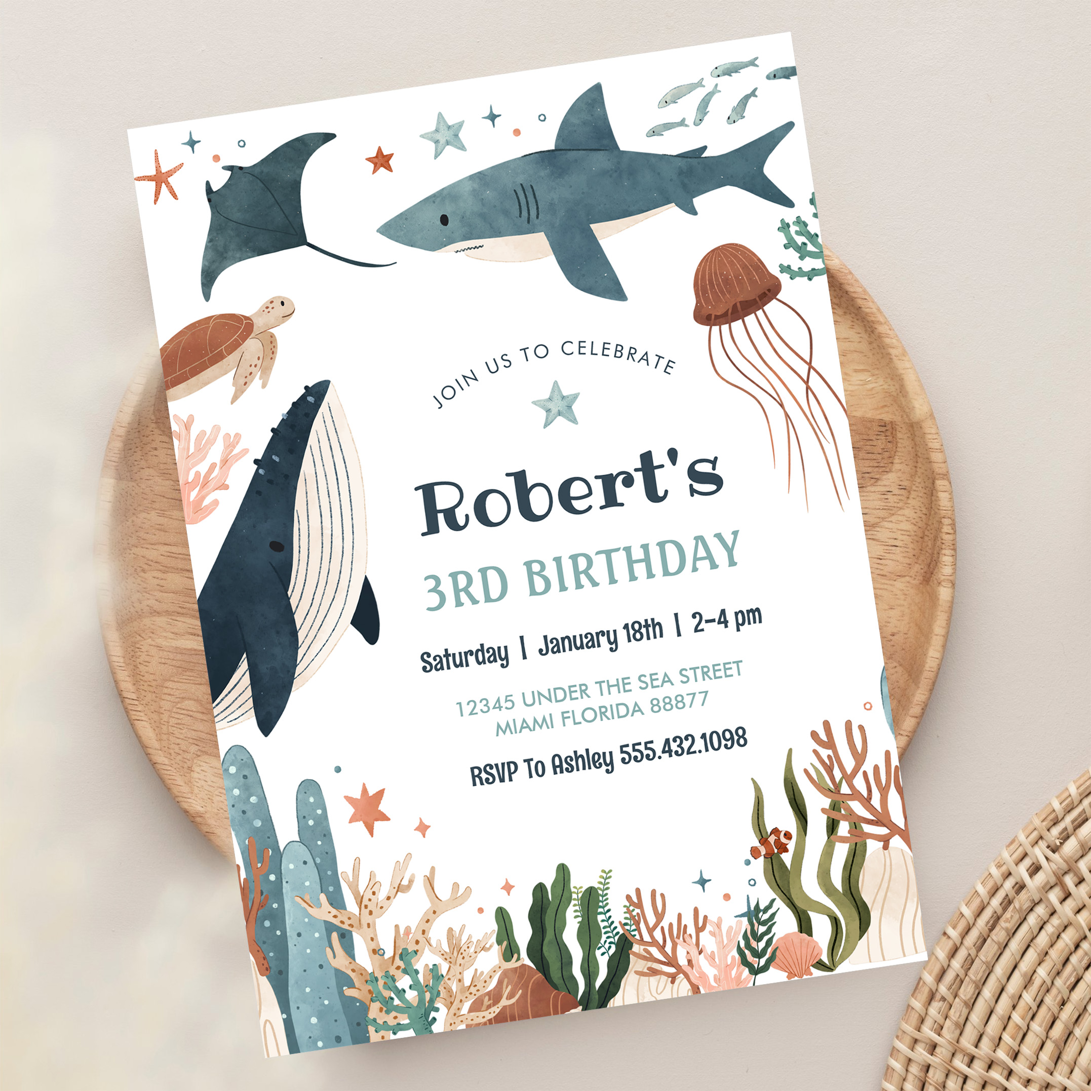 Under The Sea Whale Turtle Shark 1st Birthday Invitation - Image 13