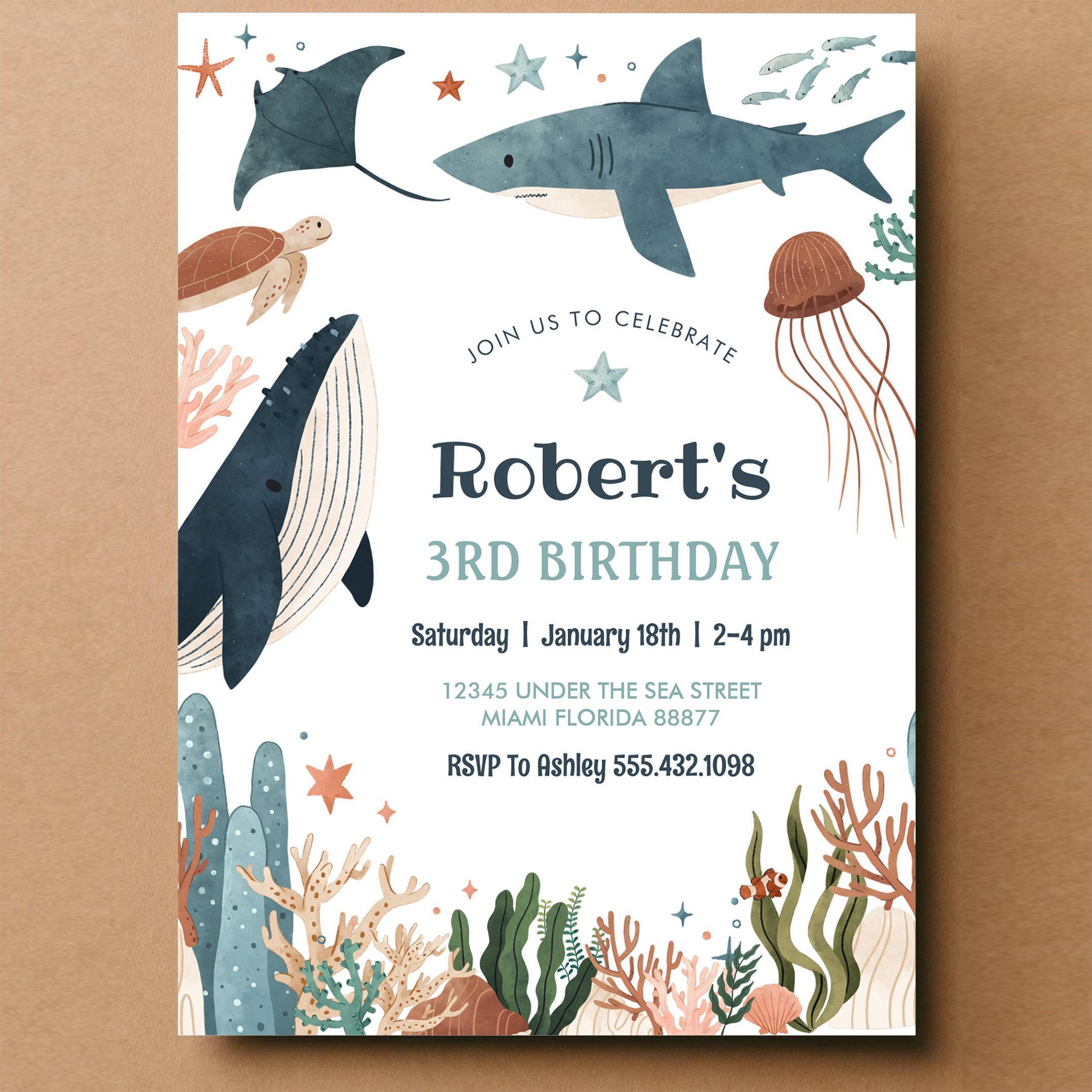 Under The Sea Whale Turtle Shark 1st Birthday Invitation - Image 14
