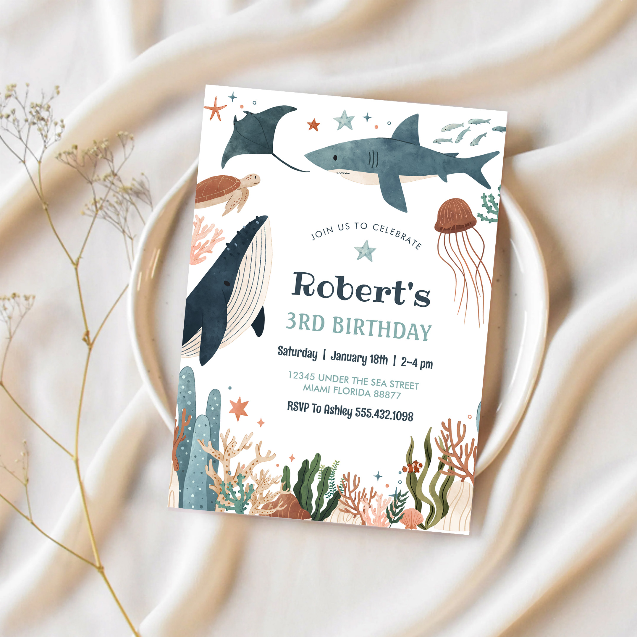 Under The Sea Whale Turtle Shark 1st Birthday Invitation - Image 2