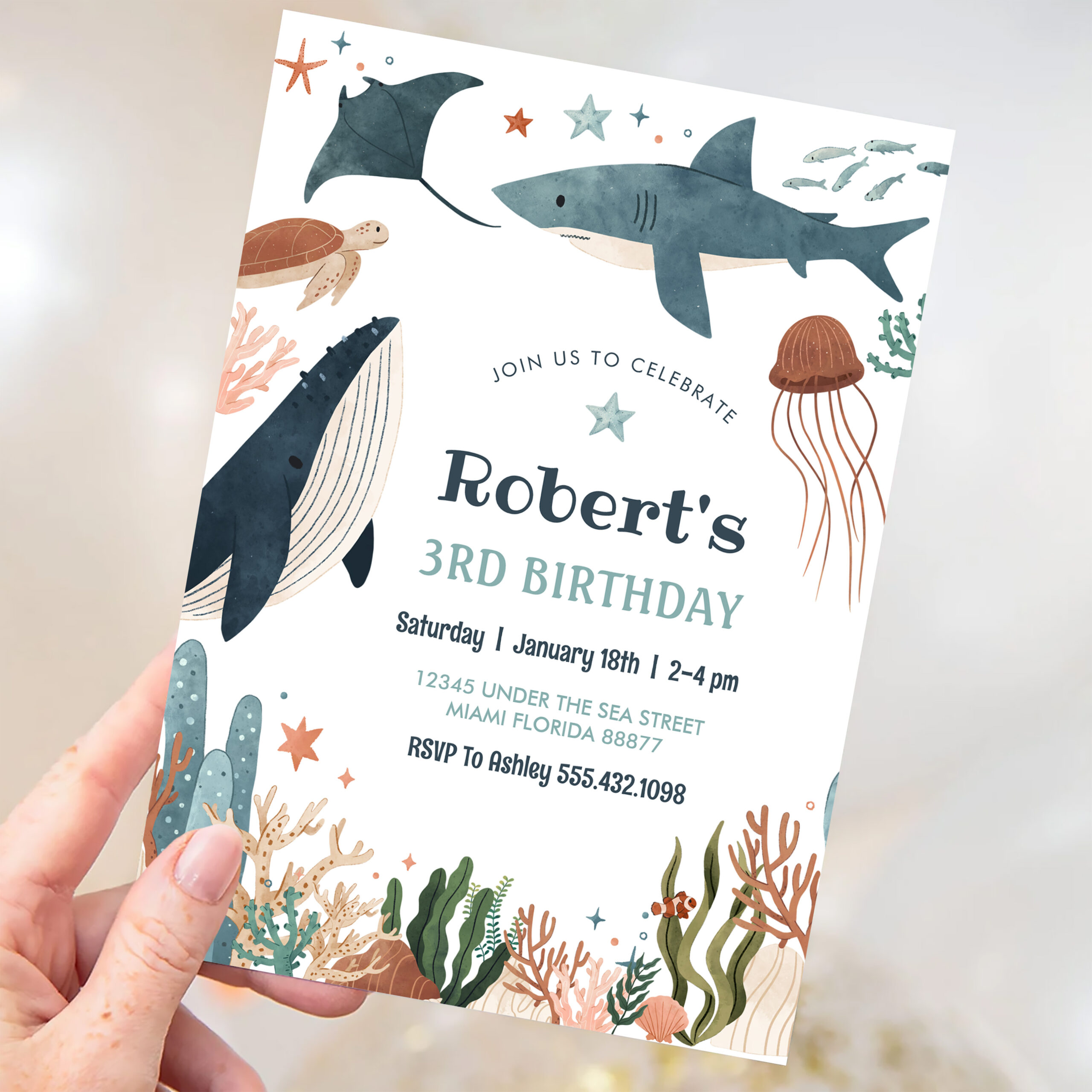 Under The Sea Whale Turtle Shark 1st Birthday Invitation - Image 3
