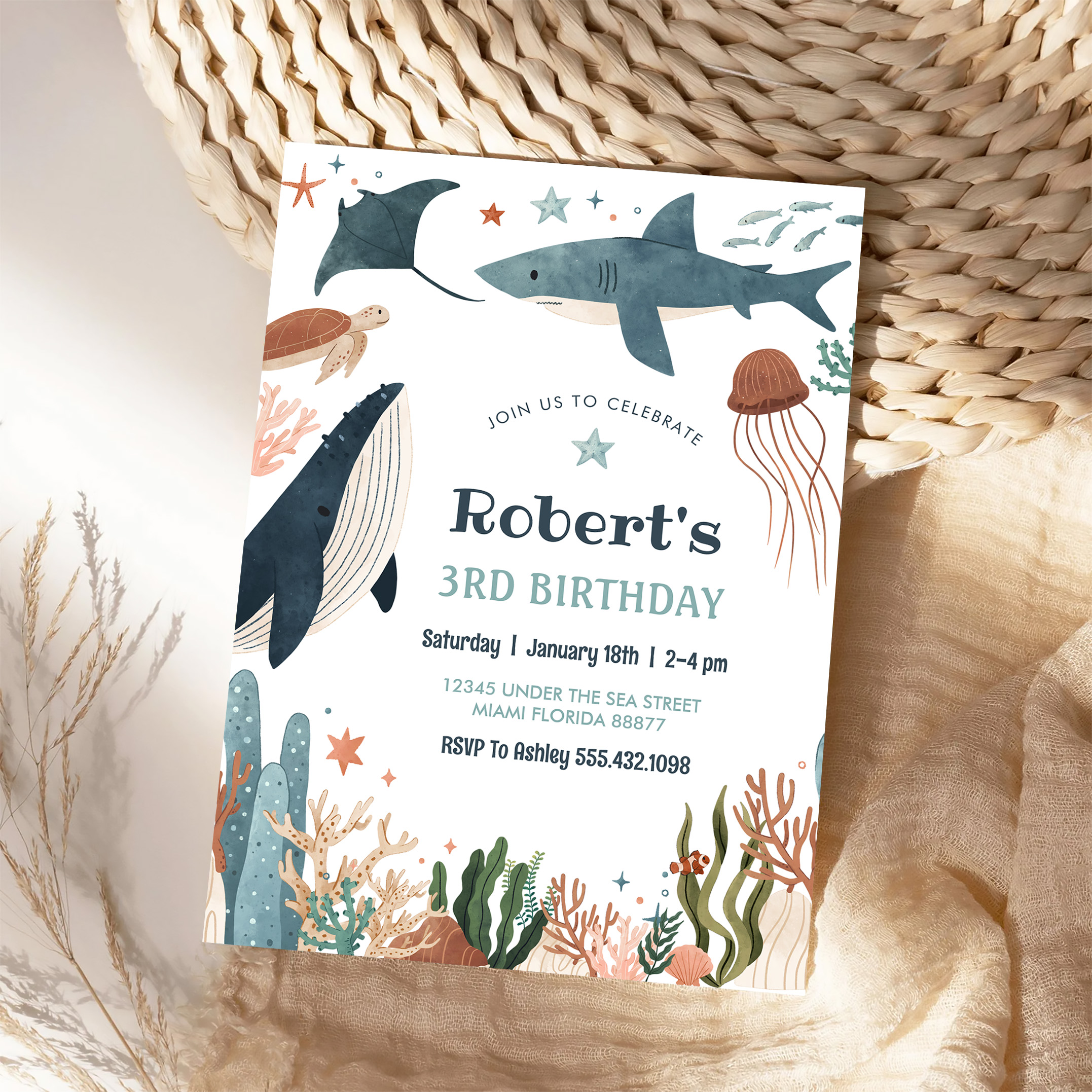 Under The Sea Whale Turtle Shark 1st Birthday Invitation - Image 4