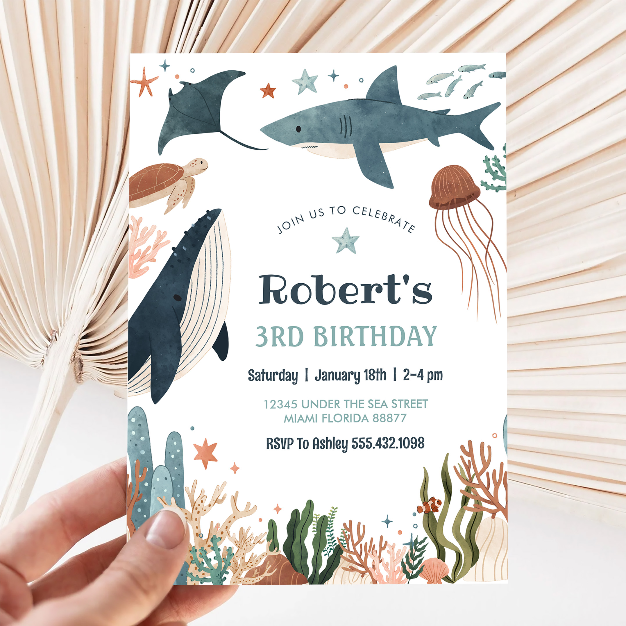 Under The Sea Whale Turtle Shark 1st Birthday Invitation - Image 5