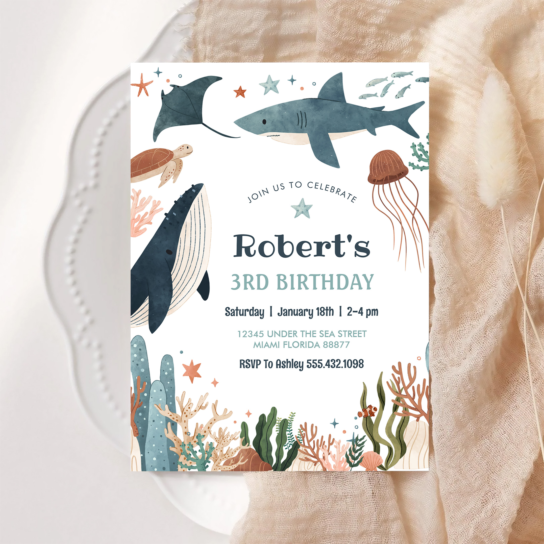 Under The Sea Whale Turtle Shark 1st Birthday Invitation - Image 6