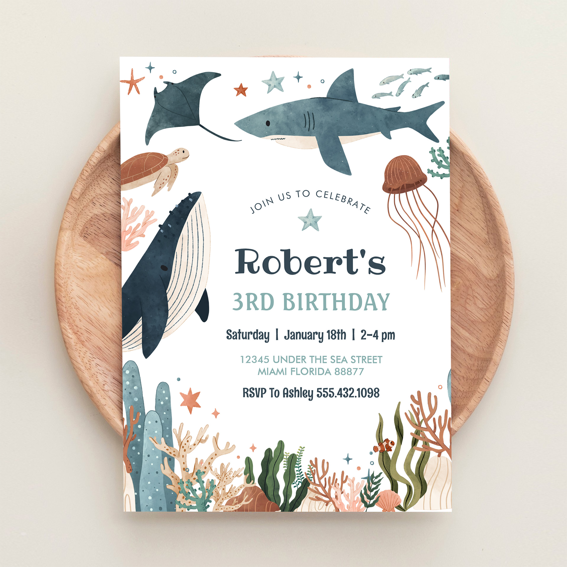 Under The Sea Whale Turtle Shark 1st Birthday Invitation - Image 7