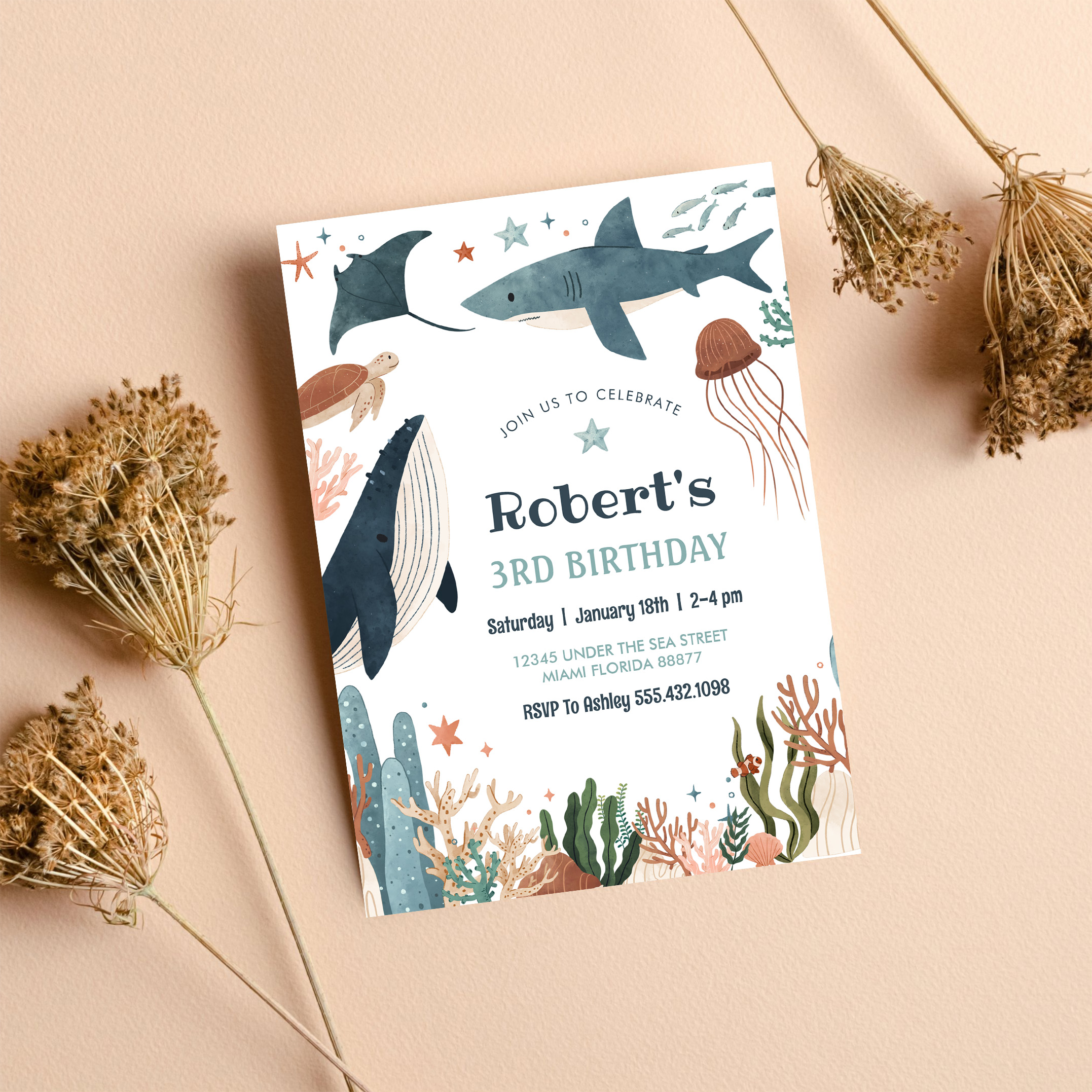 Under The Sea Whale Turtle Shark 1st Birthday Invitation - Image 8