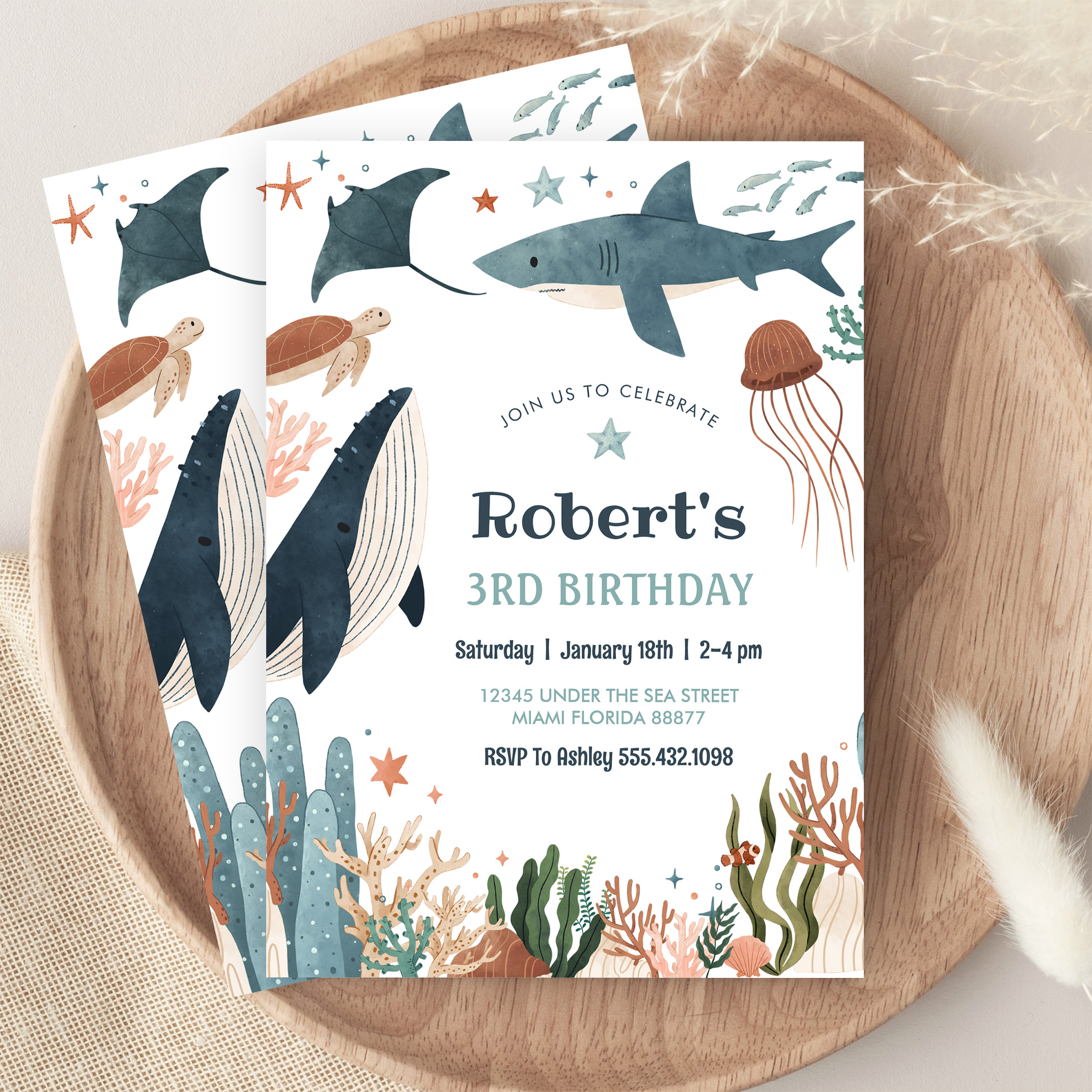 Under The Sea Whale Turtle Shark 1st Birthday Invitation - Image 9