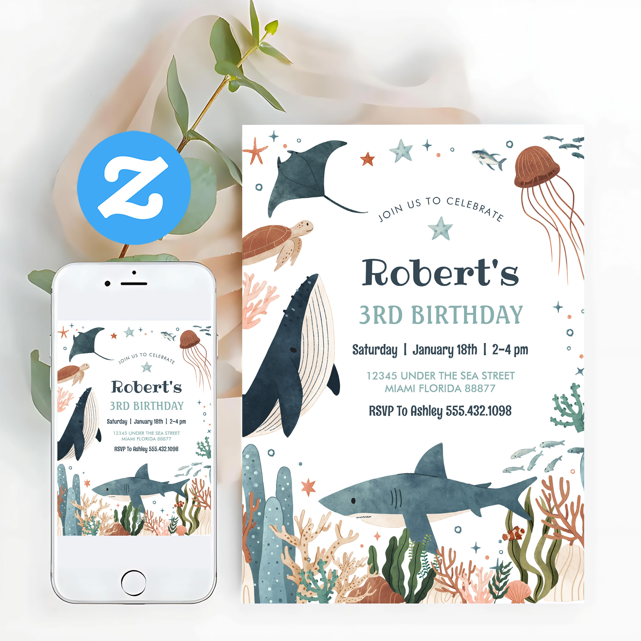 Under The Sea Whale Turtle Shark 1st Birthday Invitation - Image 12